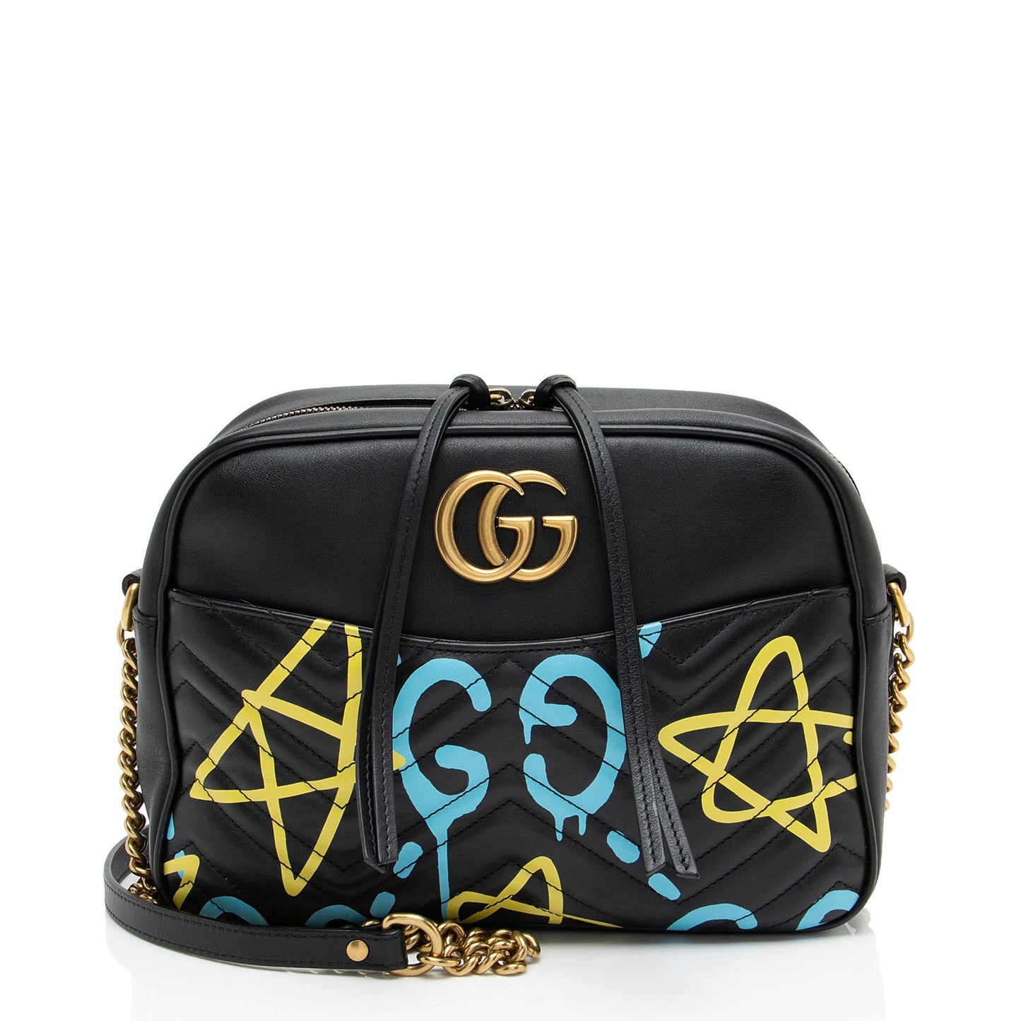 Gucci GG Marmont Ghost Camera Matelasse Leather Black Blue Crossbody Bag