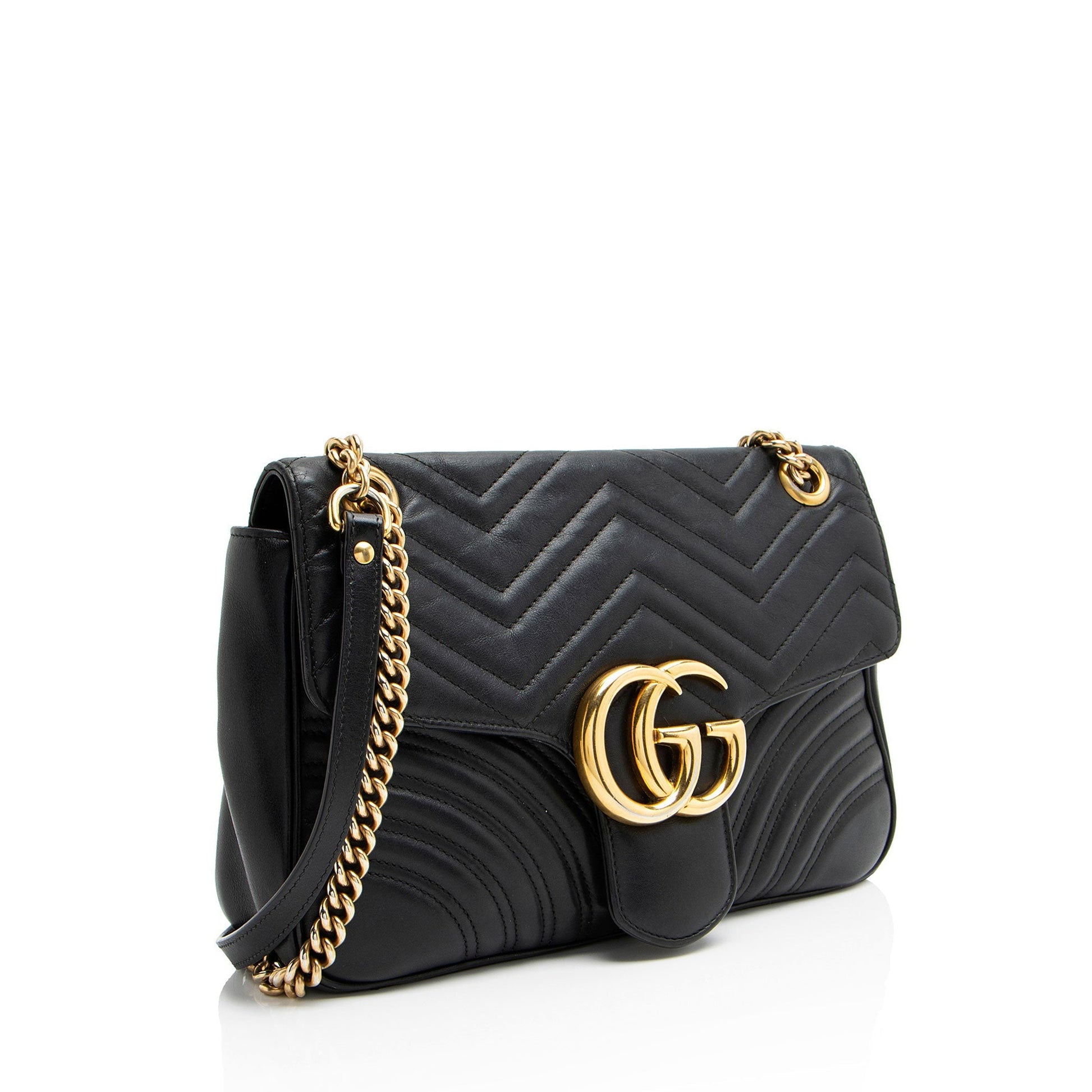 Gucci GG Marmont Flap Matelasse Leather Black Medium Crossbody Bag Shf Fqn3Gp