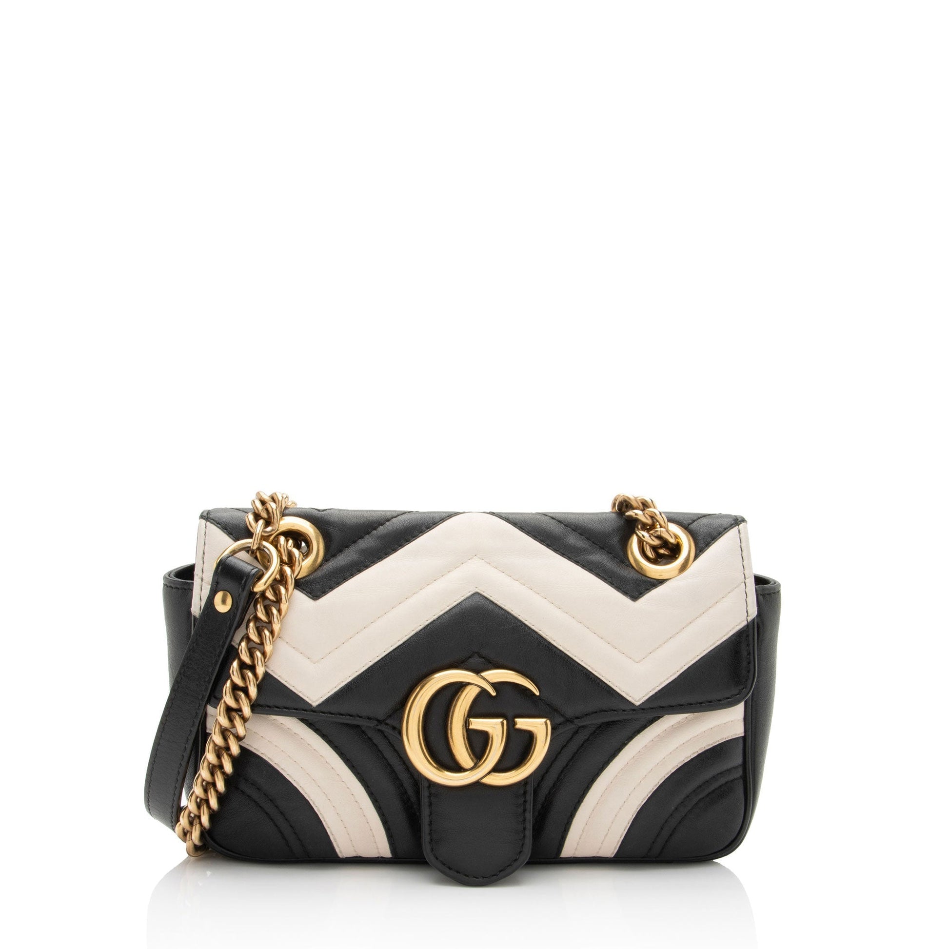 Gucci GG Marmont Two Tone Flap Matelasse Leather Black White Crossbody Bag