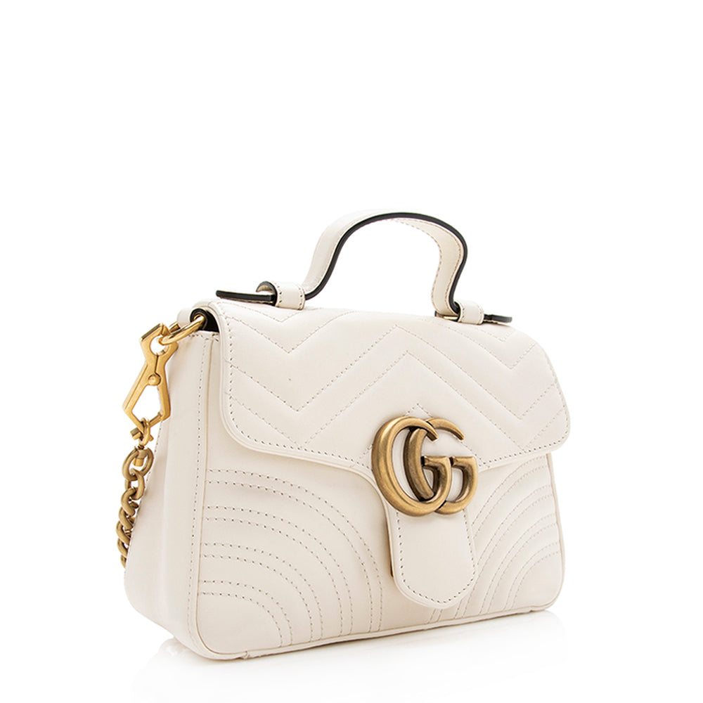 Gucci GG Marmont Top Handle SHF Matelasse Leather White Mini Satchel Bag