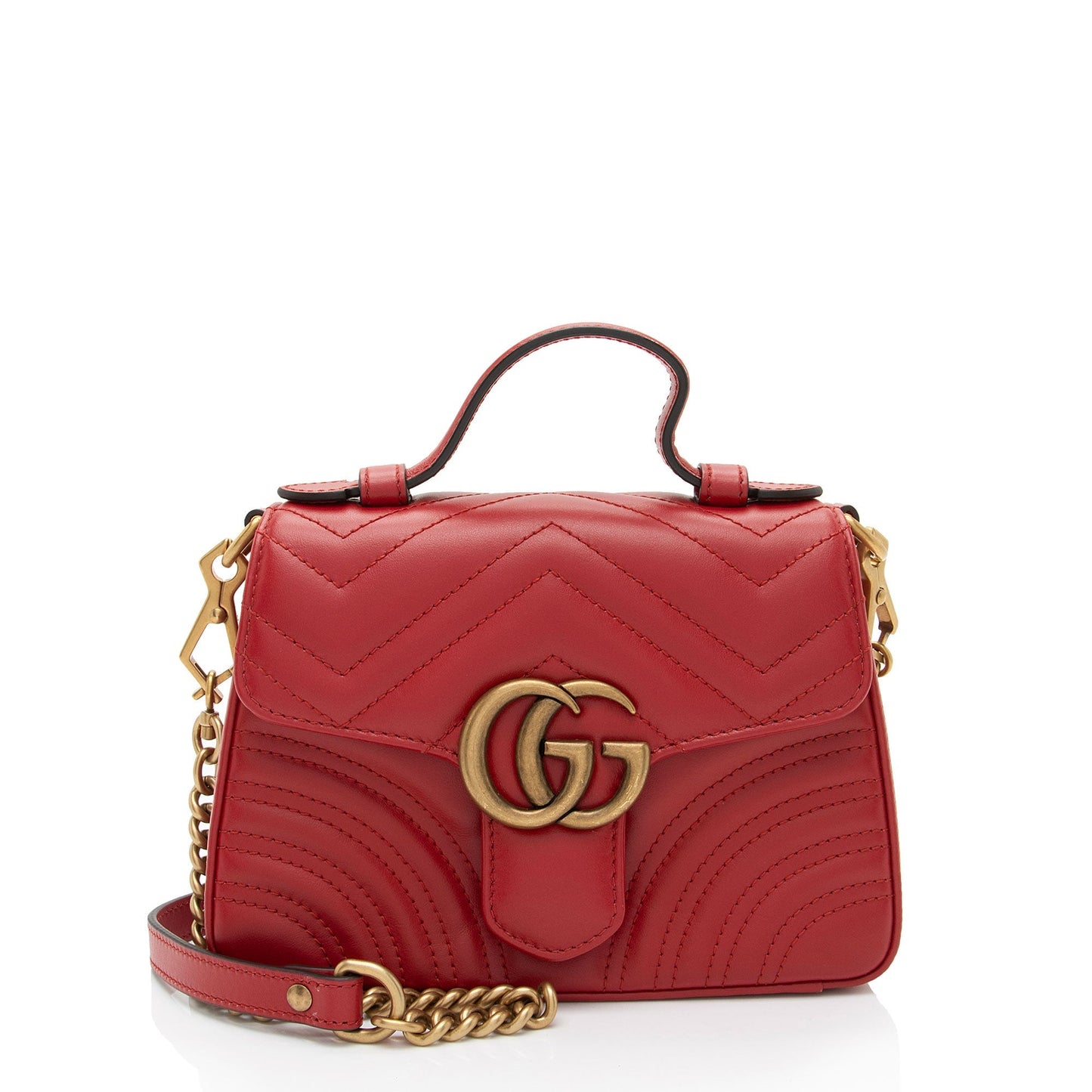 Gucci GG Marmont Top Handle SHF-JQUu1n Matelasse Leather Red Mini Crossbody Bag