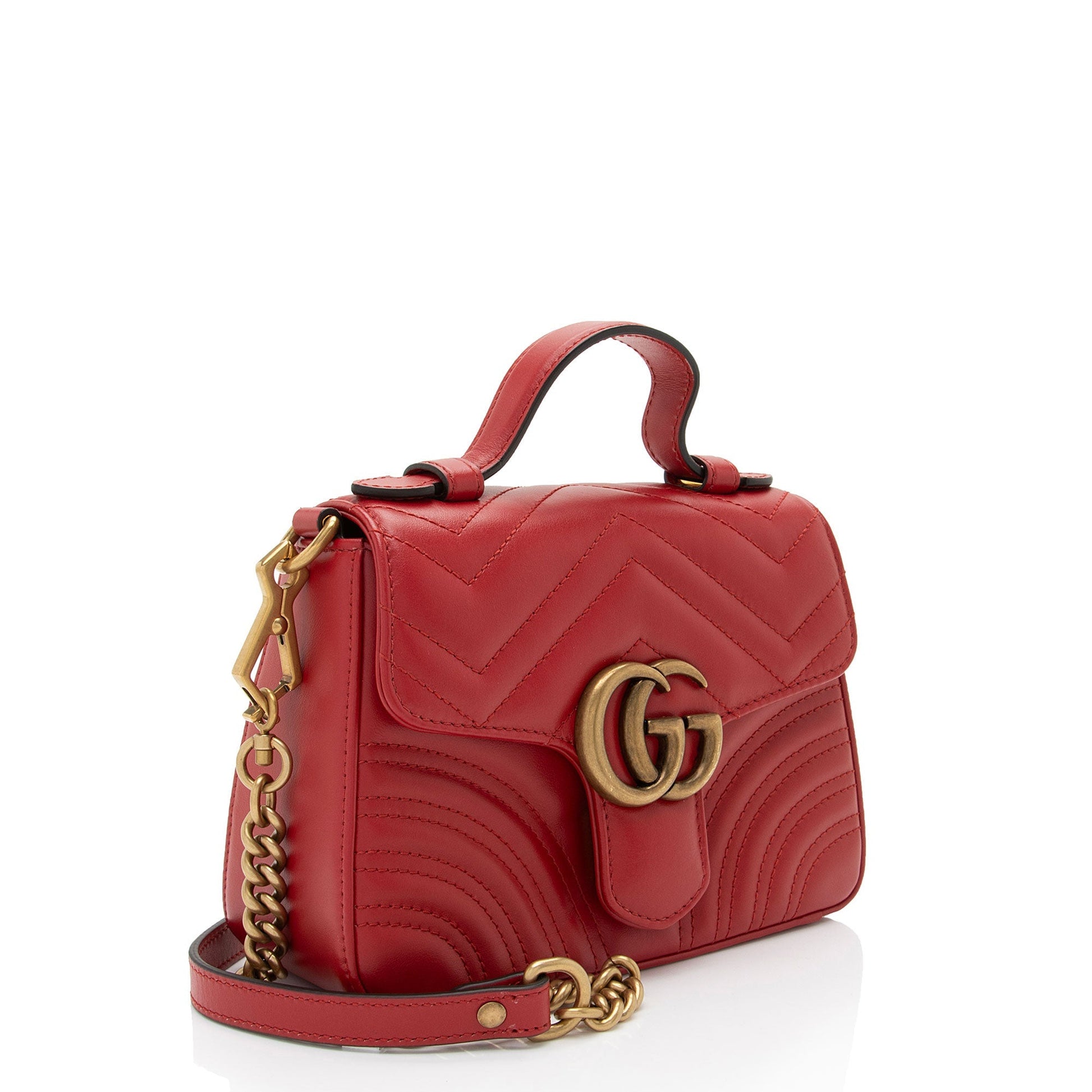 Gucci GG Marmont Top Handle SHF-JQUu1n Matelasse Leather Red Mini Crossbody Bag