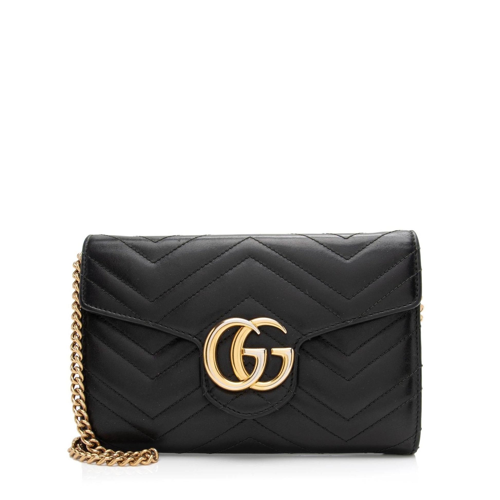 Gucci GG Marmont Wallet on Chain Matelasse Leather Black Mini Crossbody Bag Shf Zsuheq