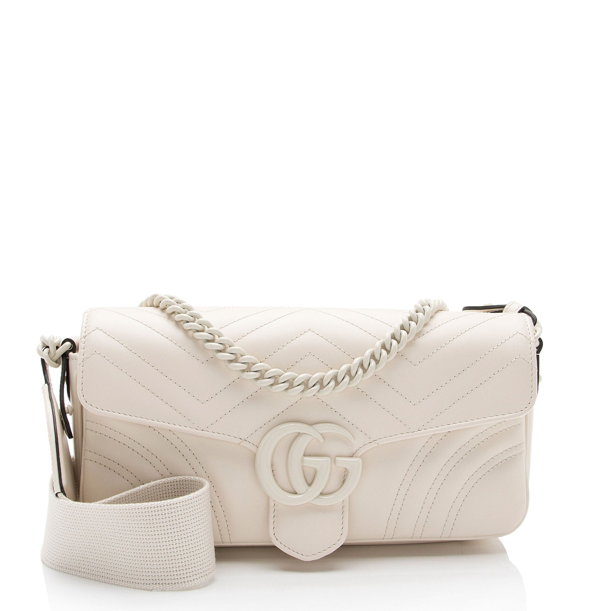 Gucci GG Marmont Monochrome Flap SHF-KTzQNK Matelasse Leather Nylon White Shoulder Bag
