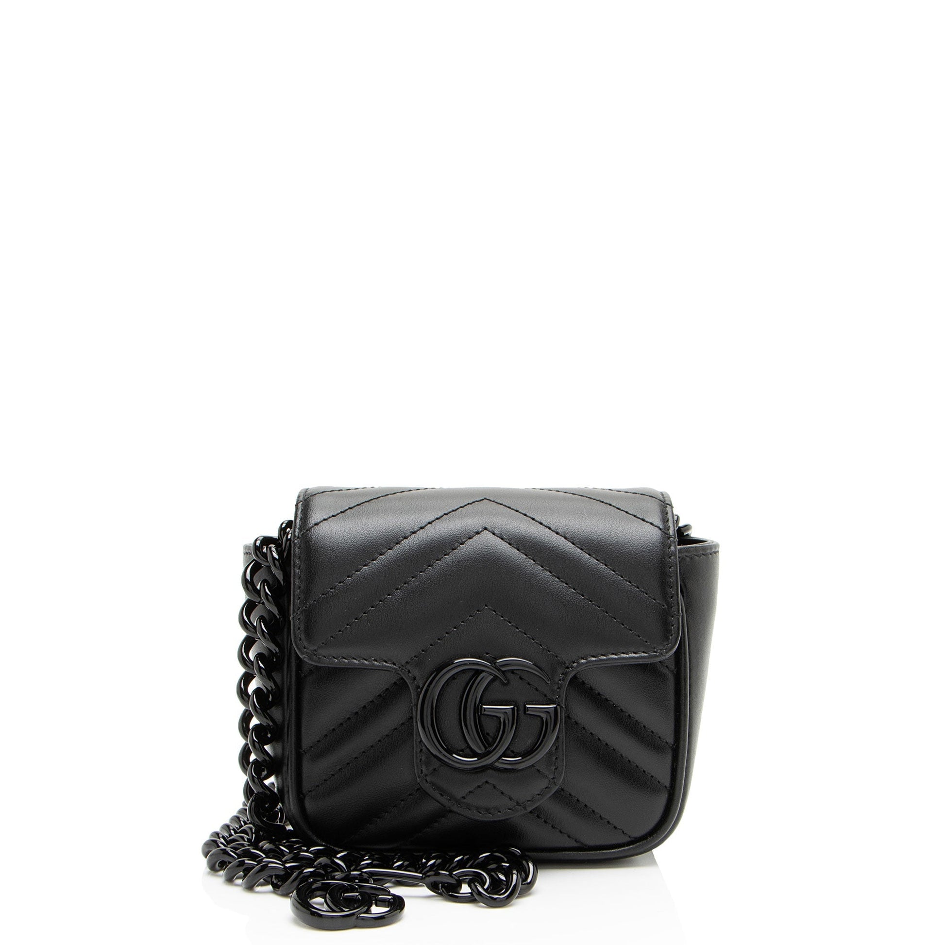 Gucci GG Marmont Monochrome Square Belt Matelasse Leather Black Chain Accessory
