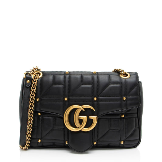 Gucci GG Marmont Studded Flap Matelasse Leather Black Medium Shoulder Bag