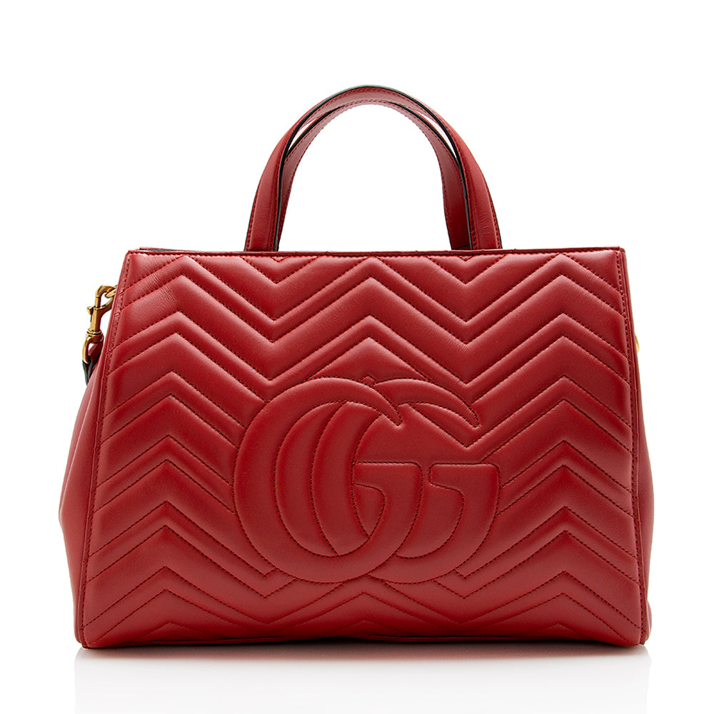 Gucci GG Marmont Top Handle SHF Matelasse Leather Red Medium Satchel Bag