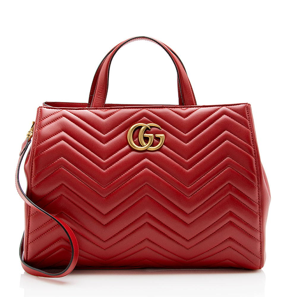 Gucci GG Marmont Top Handle SHF Matelasse Leather Red Medium Satchel Bag