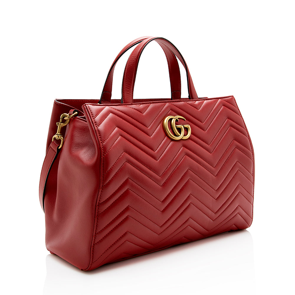 Gucci GG Marmont Top Handle SHF Matelasse Leather Red Medium Satchel Bag