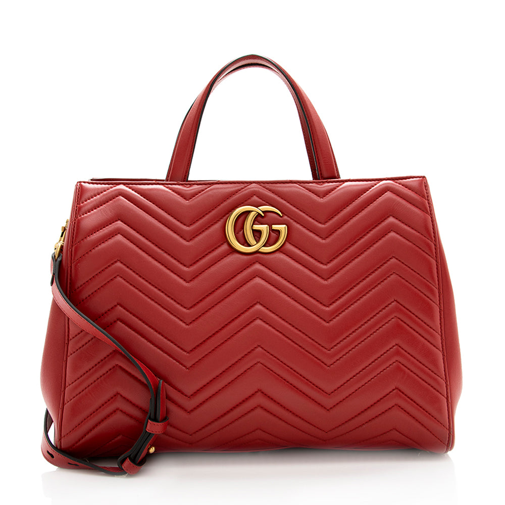 Gucci GG Marmont Top Handle SHF Matelasse Leather Red Medium Satchel Bag Satchel Shf