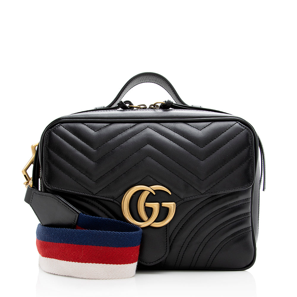 Gucci GG Marmont Top Handle Zip Matelasse Leather Nylon Black Crossbody Bag Bag Shf
