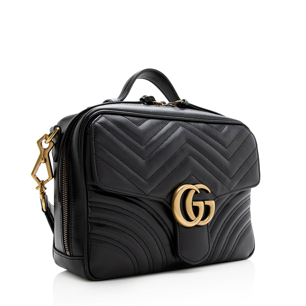 Gucci GG Marmont Top Handle Zip Matelasse Leather Nylon Black Crossbody Bag Bag Shf