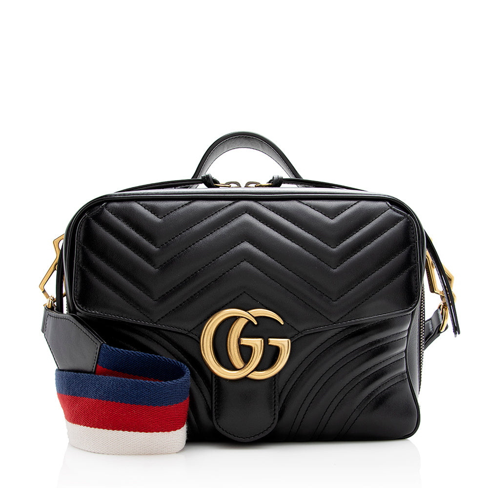 Gucci GG Marmont Top Handle Zip Matelasse Leather Black Small Crossbody Bag