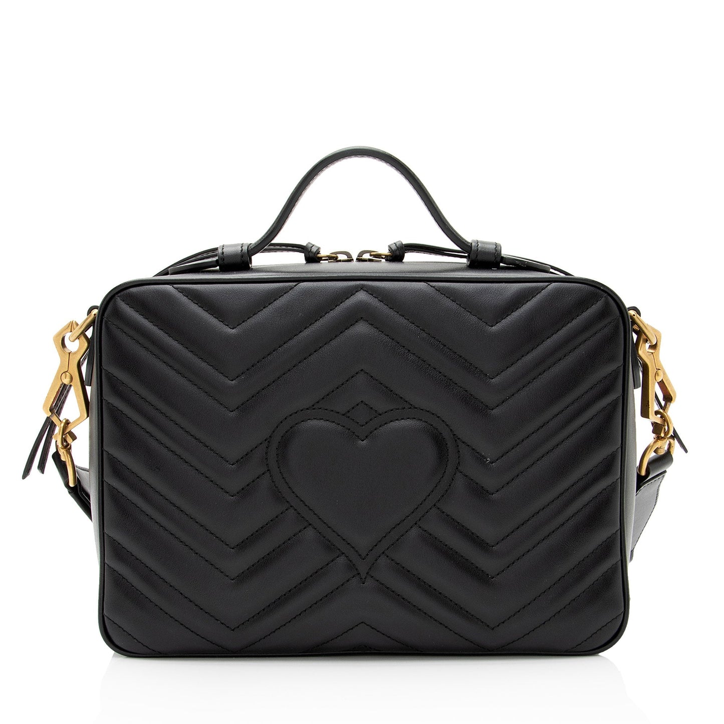 Gucci GG Marmont Top Handle Zip Matelasse Leather Nylon Black Crossbody Bag