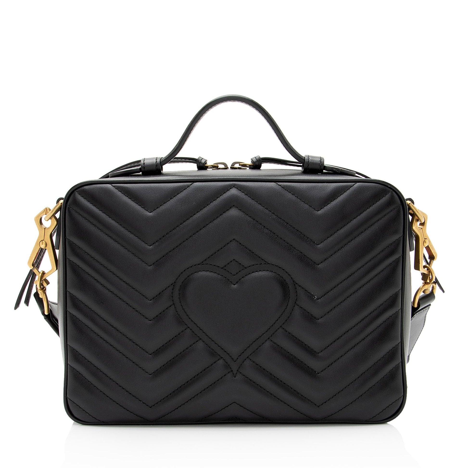 Gucci GG Marmont Top Handle Zip Matelasse Leather Nylon Black Crossbody Bag