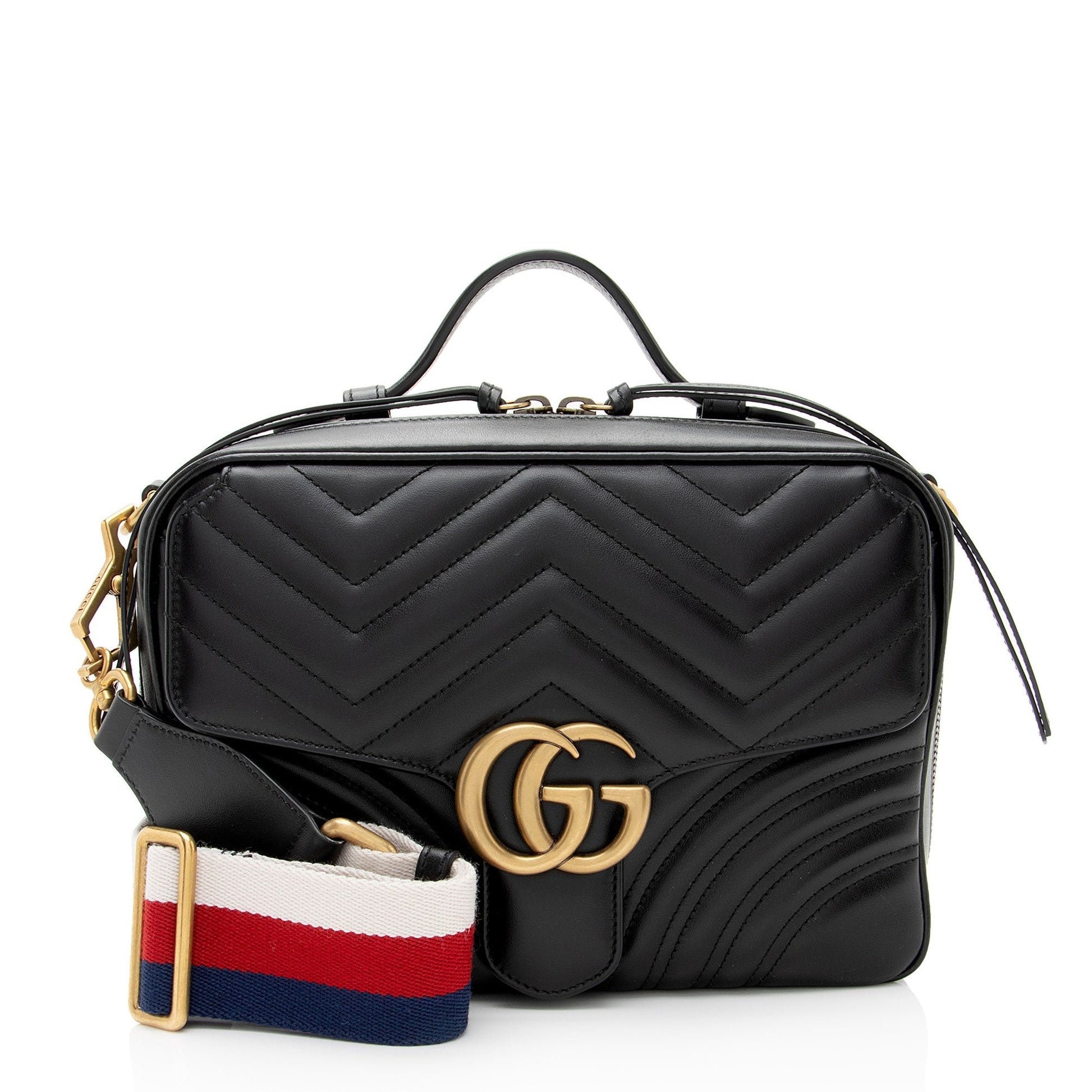Gucci GG Marmont Top Handle Zip Matelasse Leather Nylon Black Crossbody Bag
