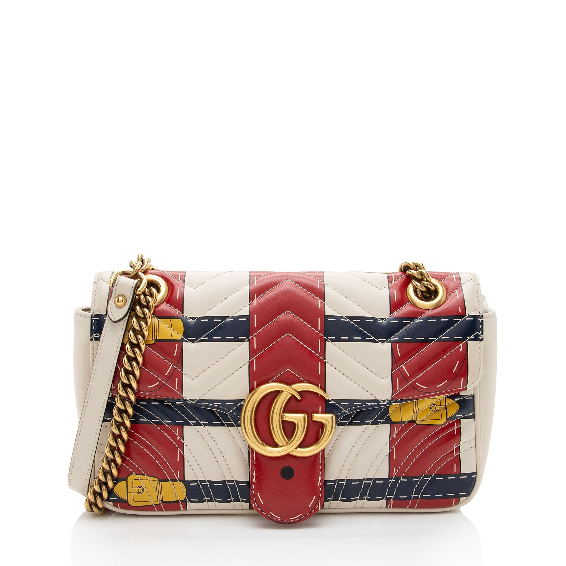 Gucci GG Marmont Trompe L'Oeil Flap Matelasse Leather White Blue Crossbody Bag
