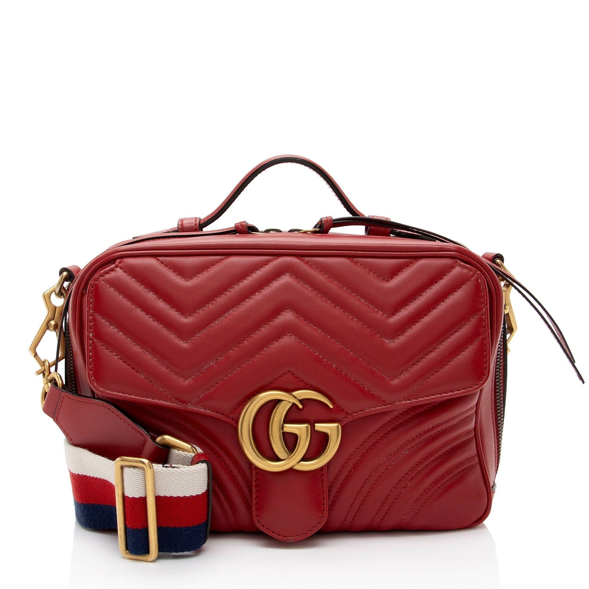 Gucci GG Marmont Zip Around Top Matelasse Leather Nylon Red Crossbody Bag