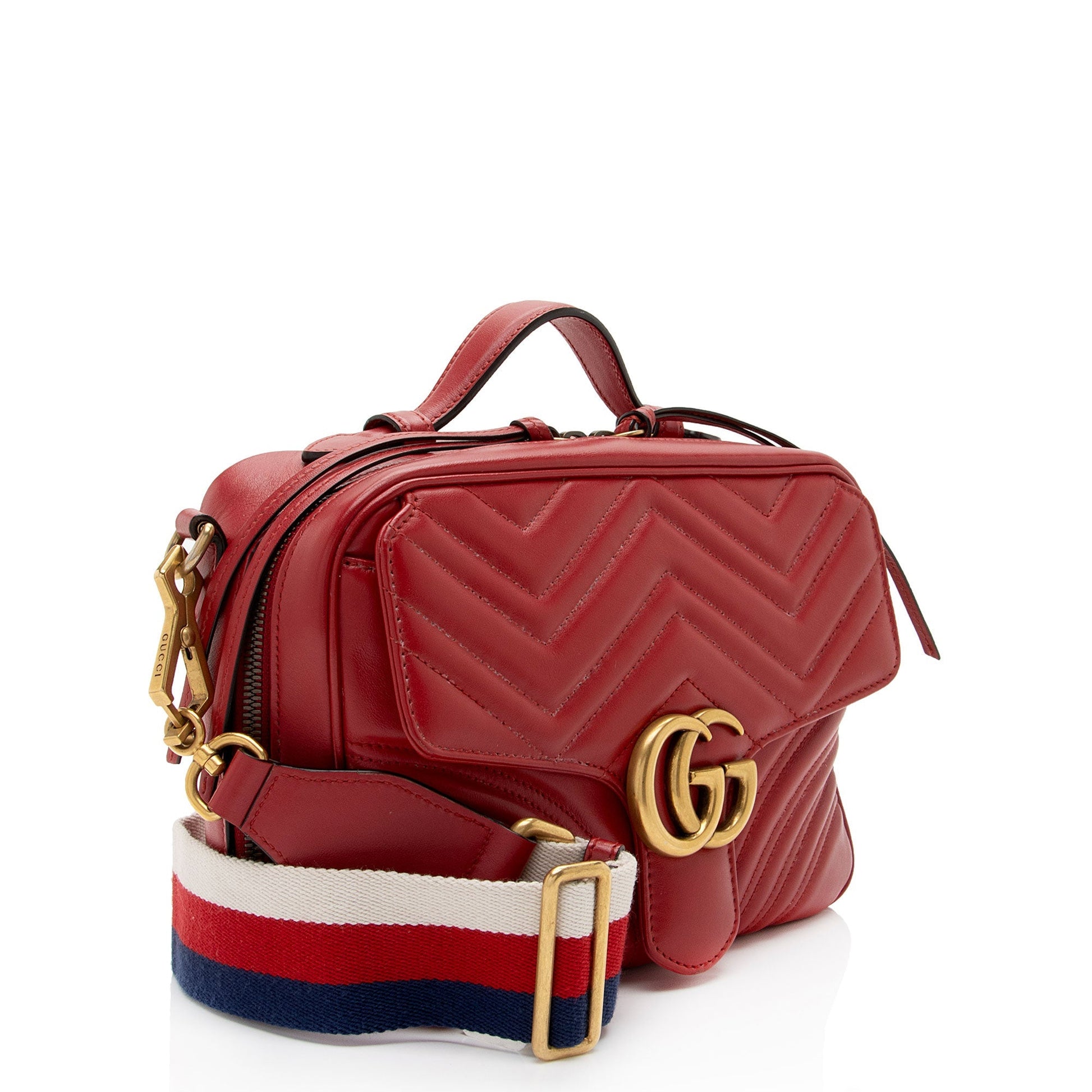 Gucci GG Marmont Zip Around Top Matelasse Leather Nylon Red Crossbody Bag