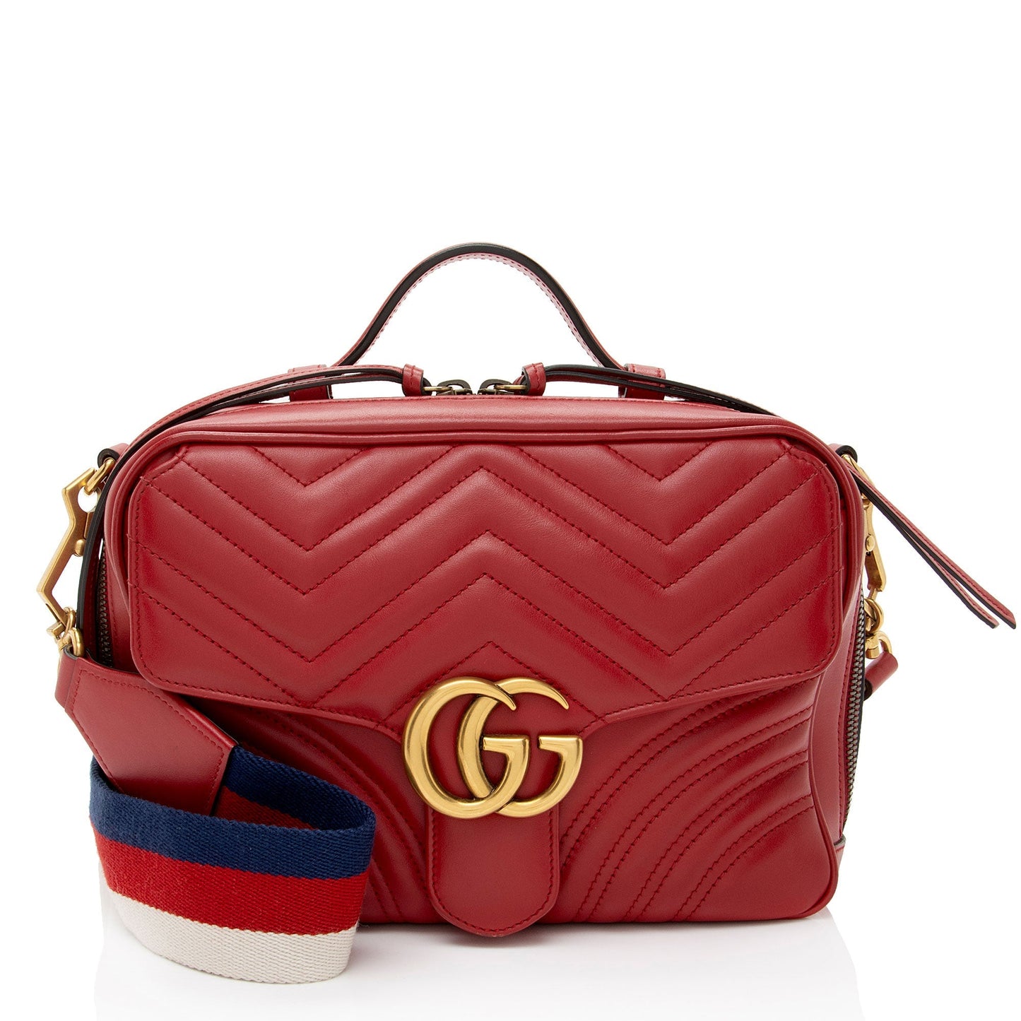 Gucci GG Marmont Zip Around Top Matelasse Leather Nylon Red Crossbody Bag Shf Ahwccx