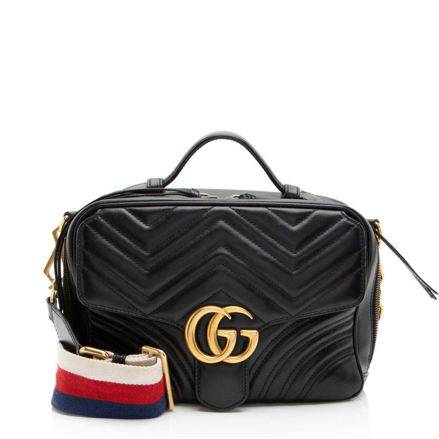 Gucci GG Marmont Zip Around Top Matelasse Leather Nylon Black Crossbody Bag