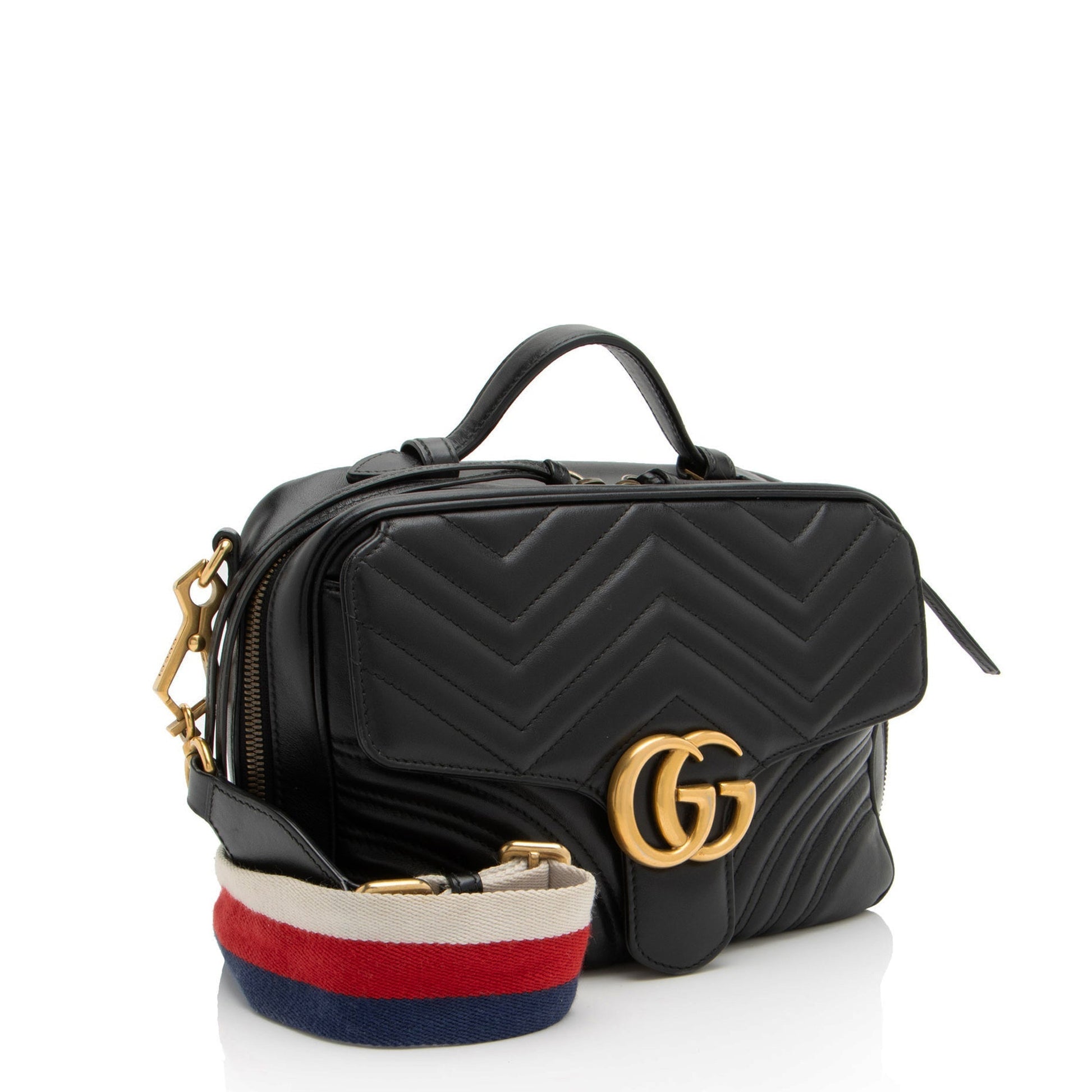 Gucci GG Marmont Zip Around Top Matelasse Leather Nylon Black Crossbody Bag