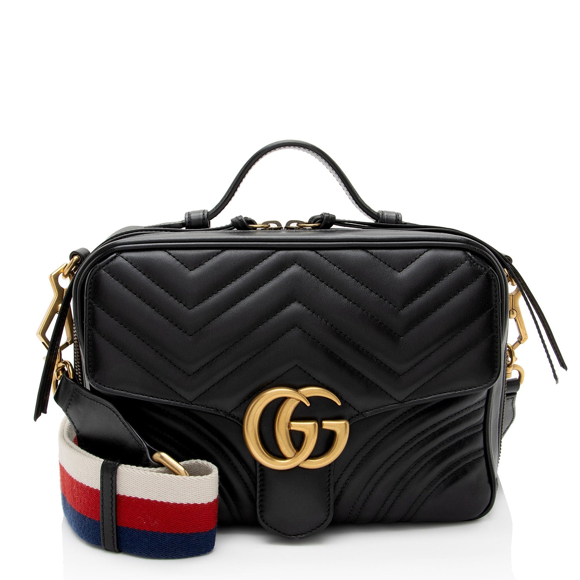 Gucci GG Marmont Zip Around Top Matelasse Leather Nylon Black Crossbody Bag Shf Czzjyd