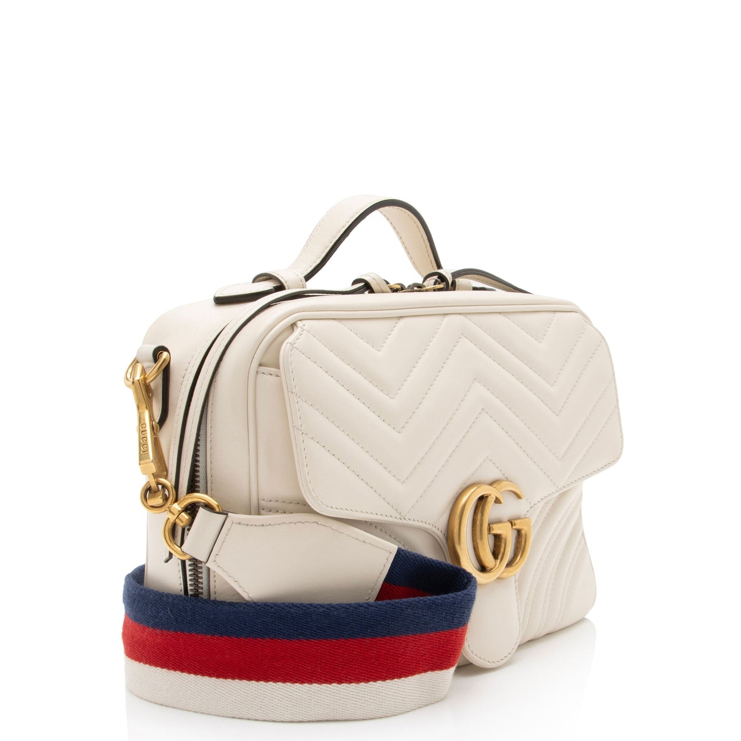 Gucci GG Marmont Zip Around Top Matelasse Leather Nylon White Crossbody Bag