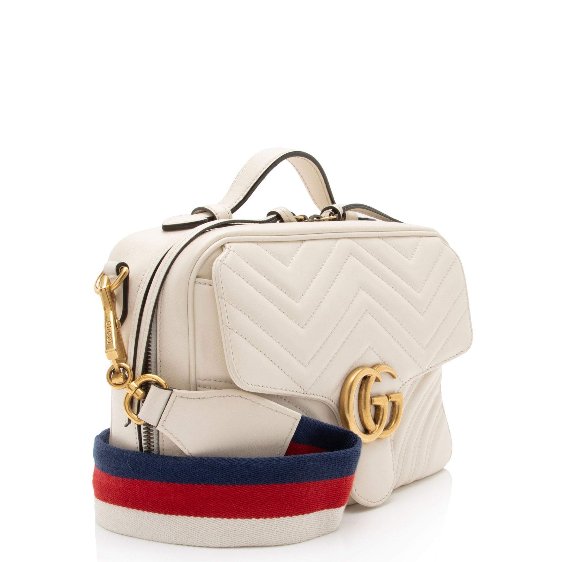 Gucci GG Marmont Zip Around Top Matelasse Leather Nylon White Crossbody Bag