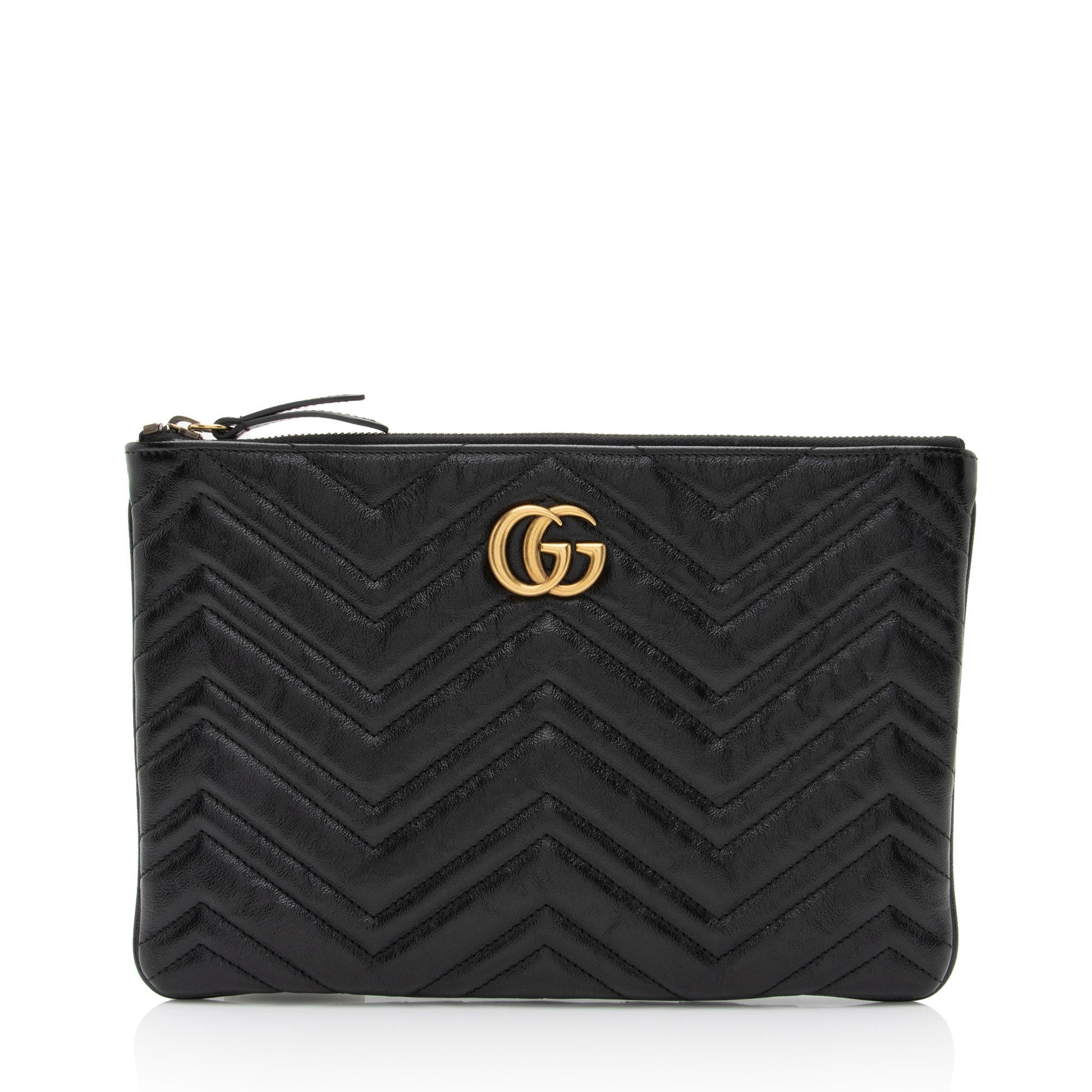 Gucci GG Marmont Zip Pouch Matelasse Leather Black Clutch Bag