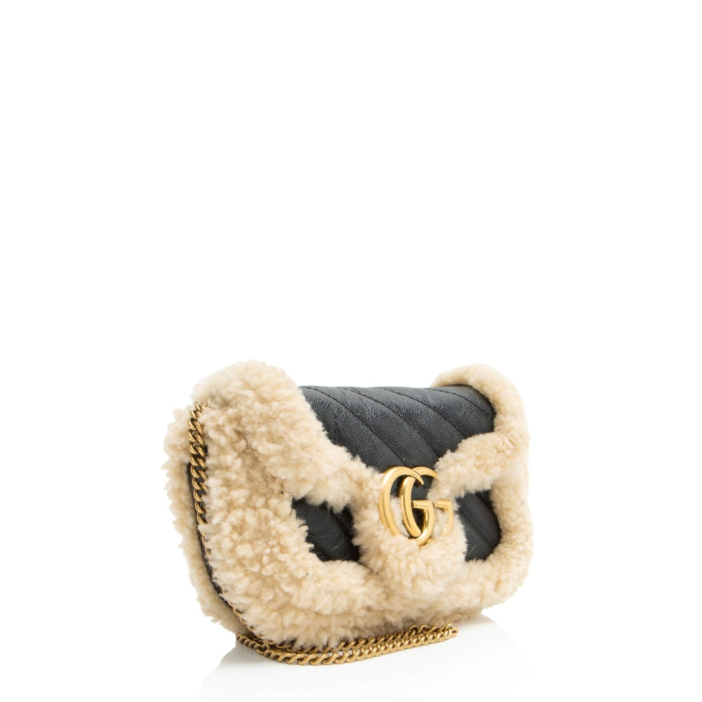 Gucci Shearling GG Marmont Super Flap Matelasse Leather Black Mini Crossbody Bag