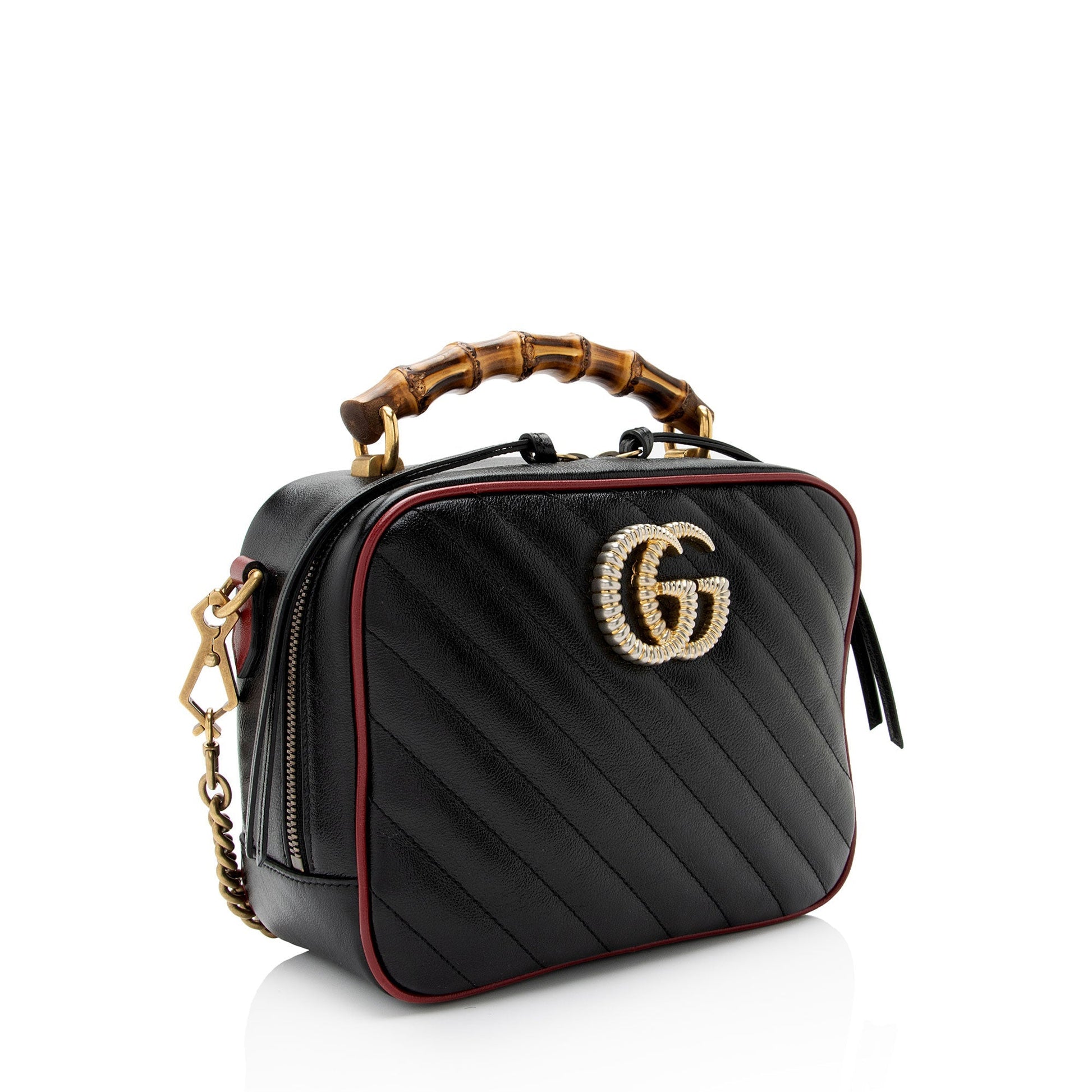 Gucci Torchon GG Marmont Bamboo Top Matelasse Leather Black Red Crossbody Bag
