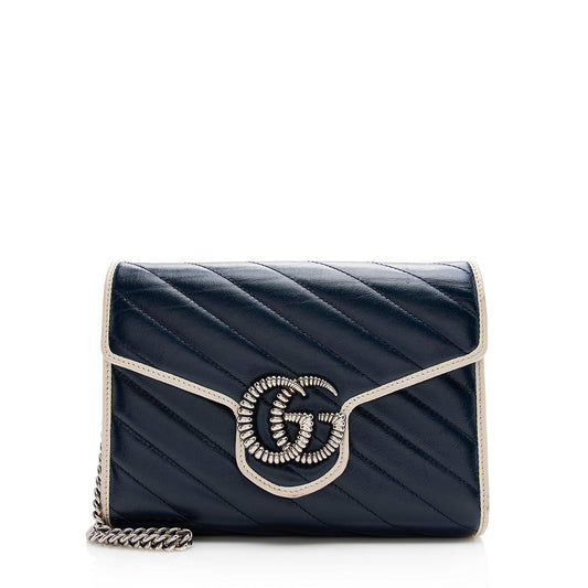 Gucci Torchon GG Marmont Chain SHF Matelasse Leather Blue Mini Crossbody Bag