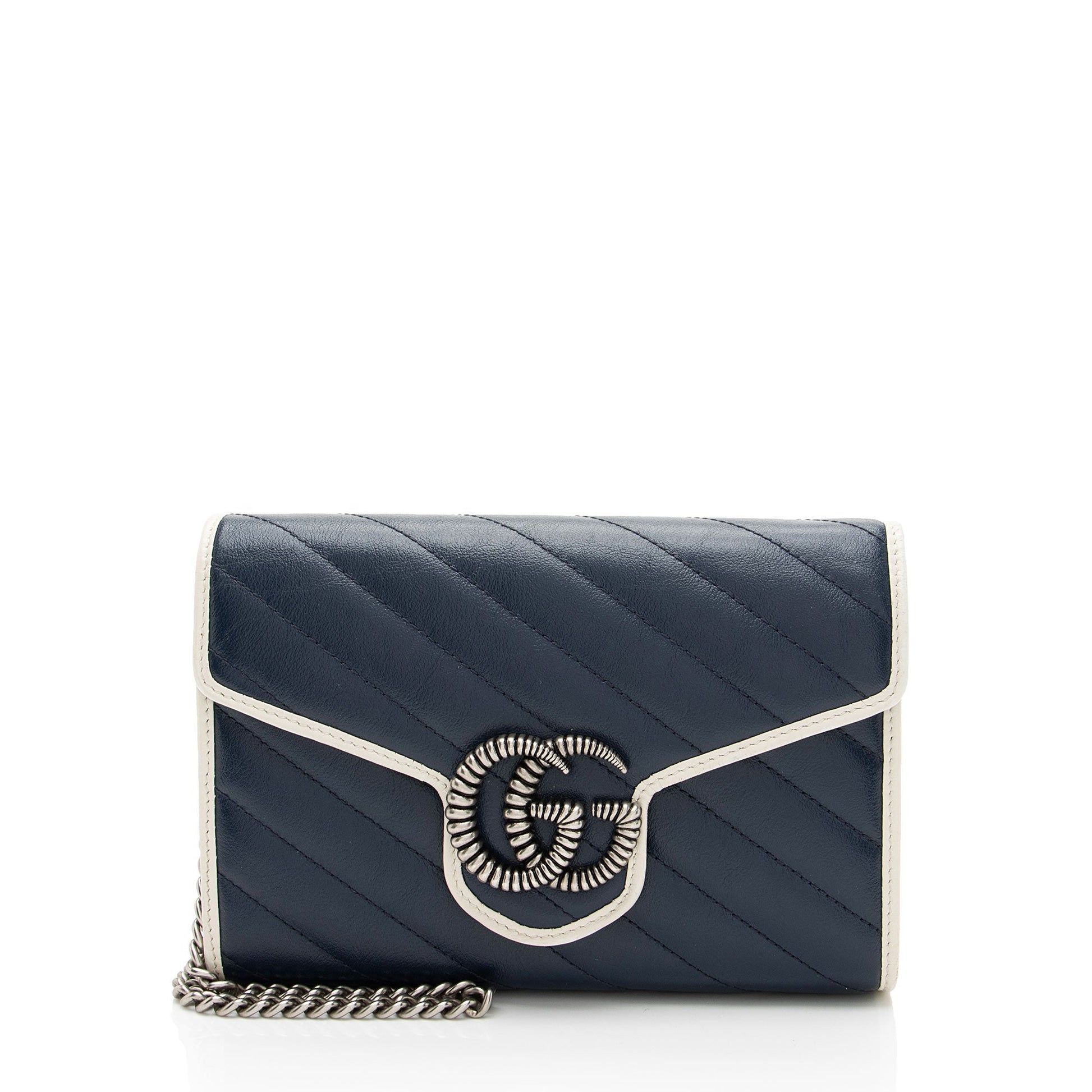 Gucci Torchon GG Marmont Chain Matelasse Leather White Blue Crossbody Bag