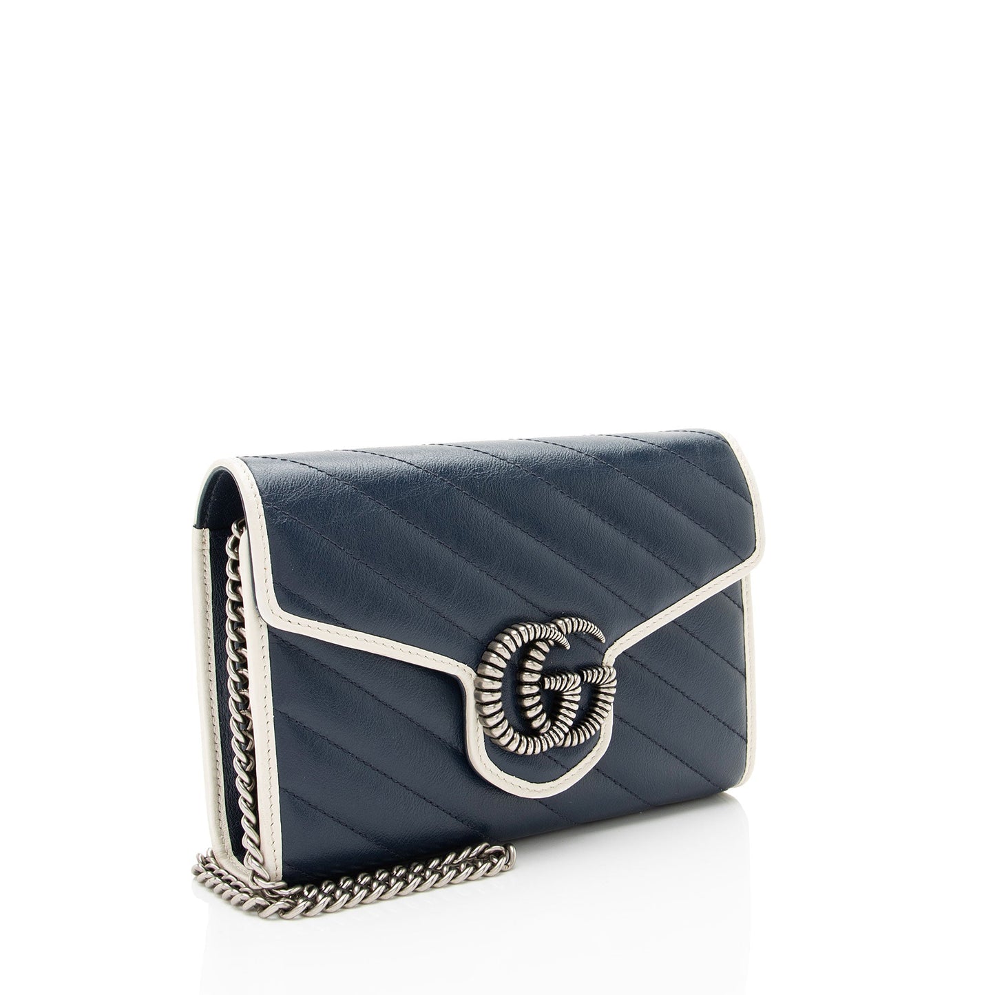 Gucci Torchon GG Marmont Chain Matelasse Leather White Blue Crossbody Bag