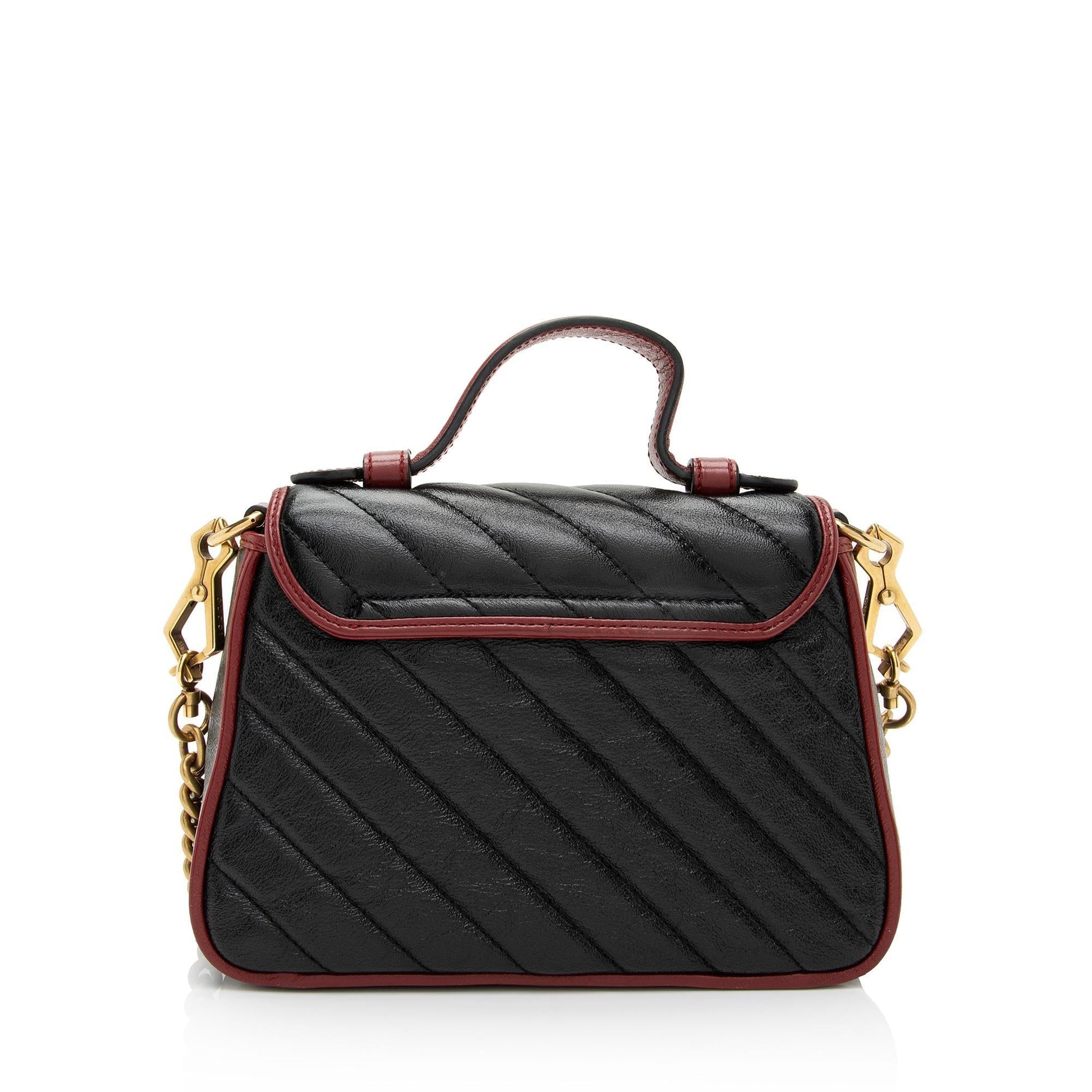 Gucci Torchon GG Marmont Top Handle Matelasse Leather Black Red Satchel Bag