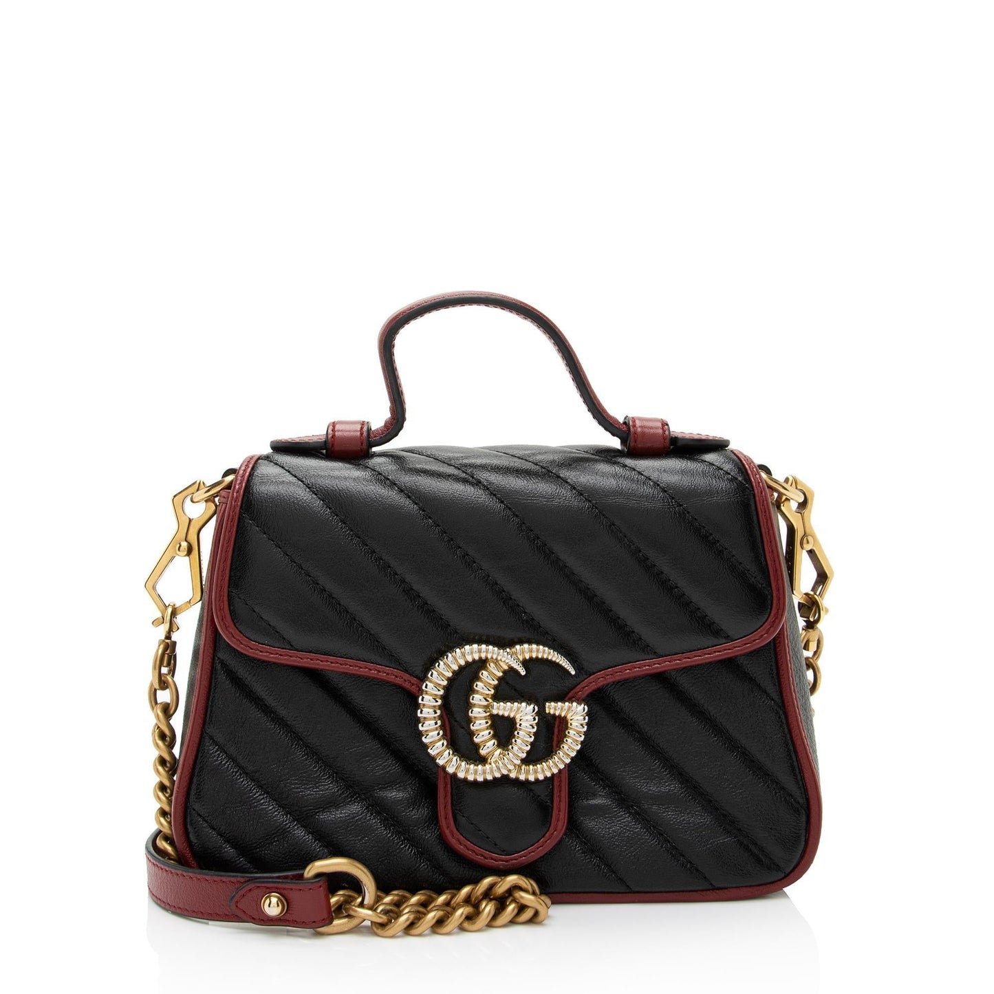 Gucci Torchon GG Marmont Top Handle Matelasse Leather Black Red Satchel Bag
