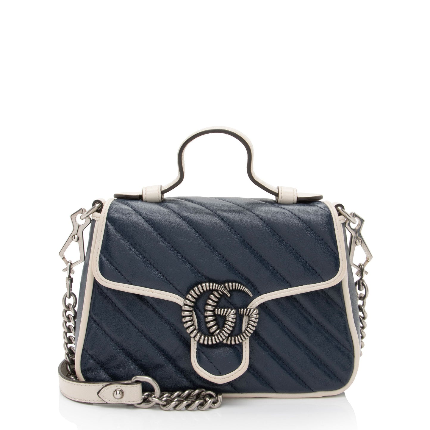 Gucci Torchon GG Marmont Top Handle Matelasse Leather White Blue Crossbody Bag