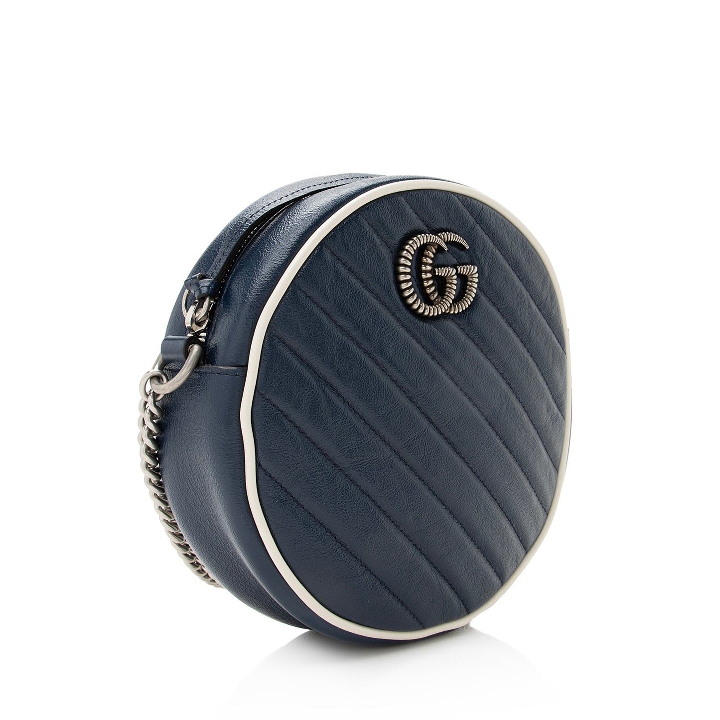Gucci Torchon GG Marmont Round SHF Matelasse Leather White Blue Crossbody Bag