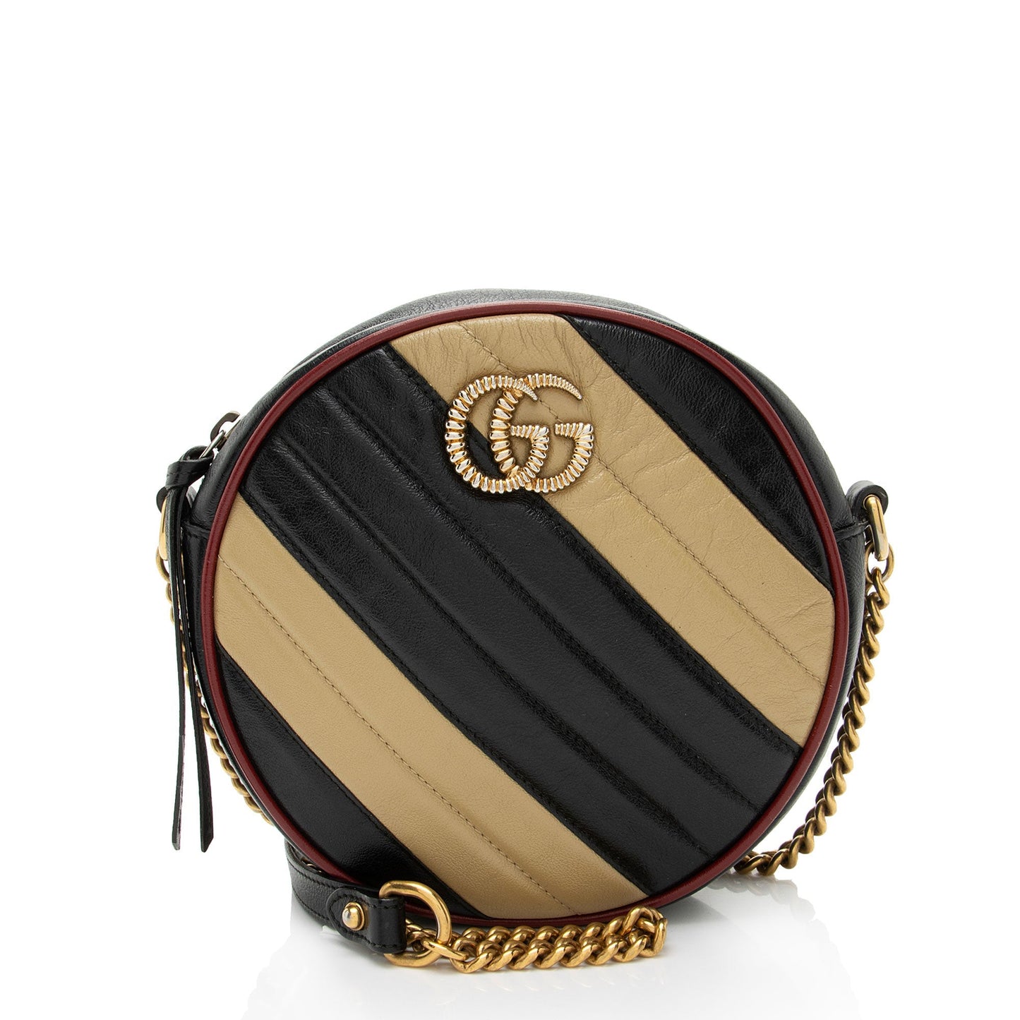 Gucci Torchon GG Marmont Round Matelasse Leather Black Beige Crossbody Bag