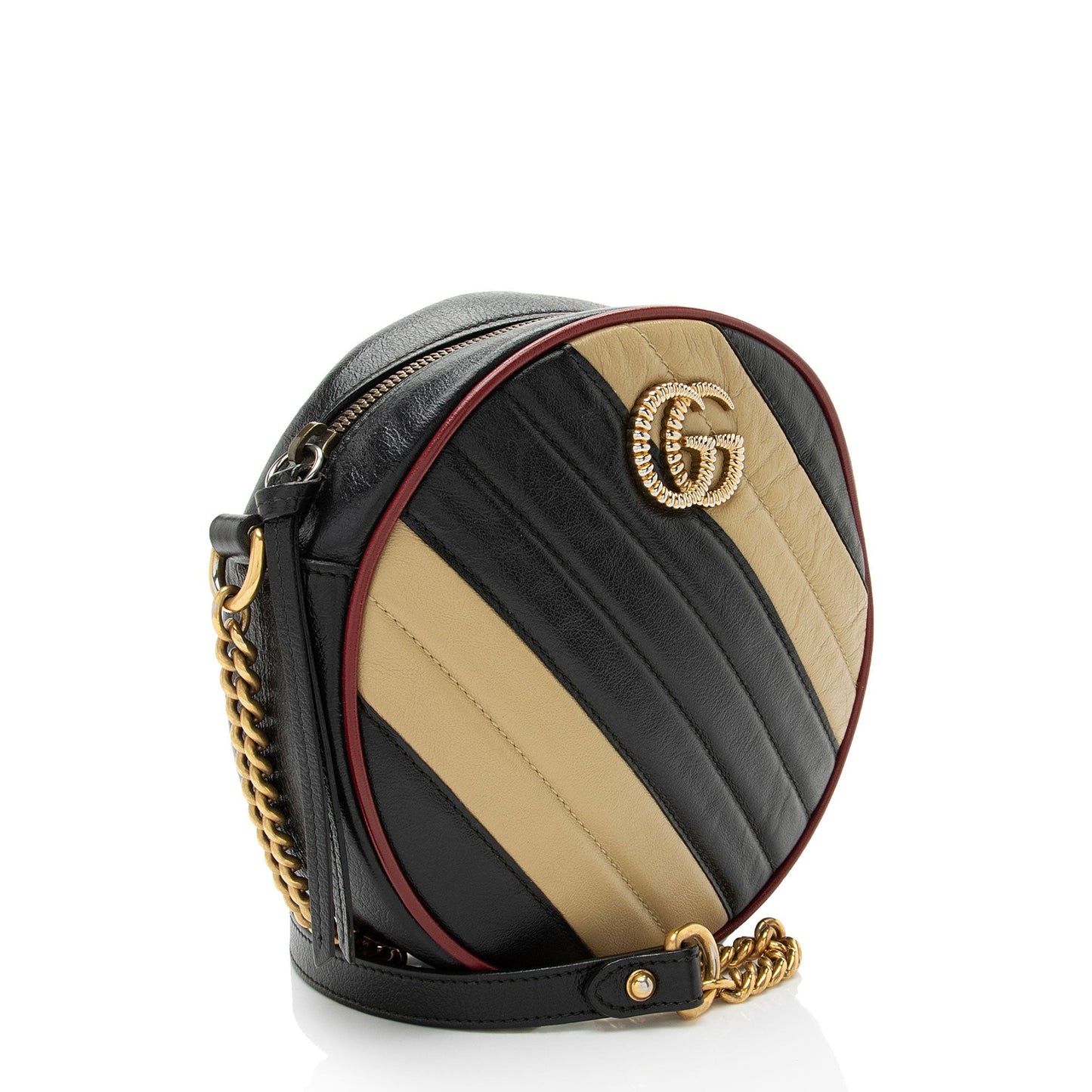 Gucci Torchon GG Marmont Round Matelasse Leather Black Beige Crossbody Bag