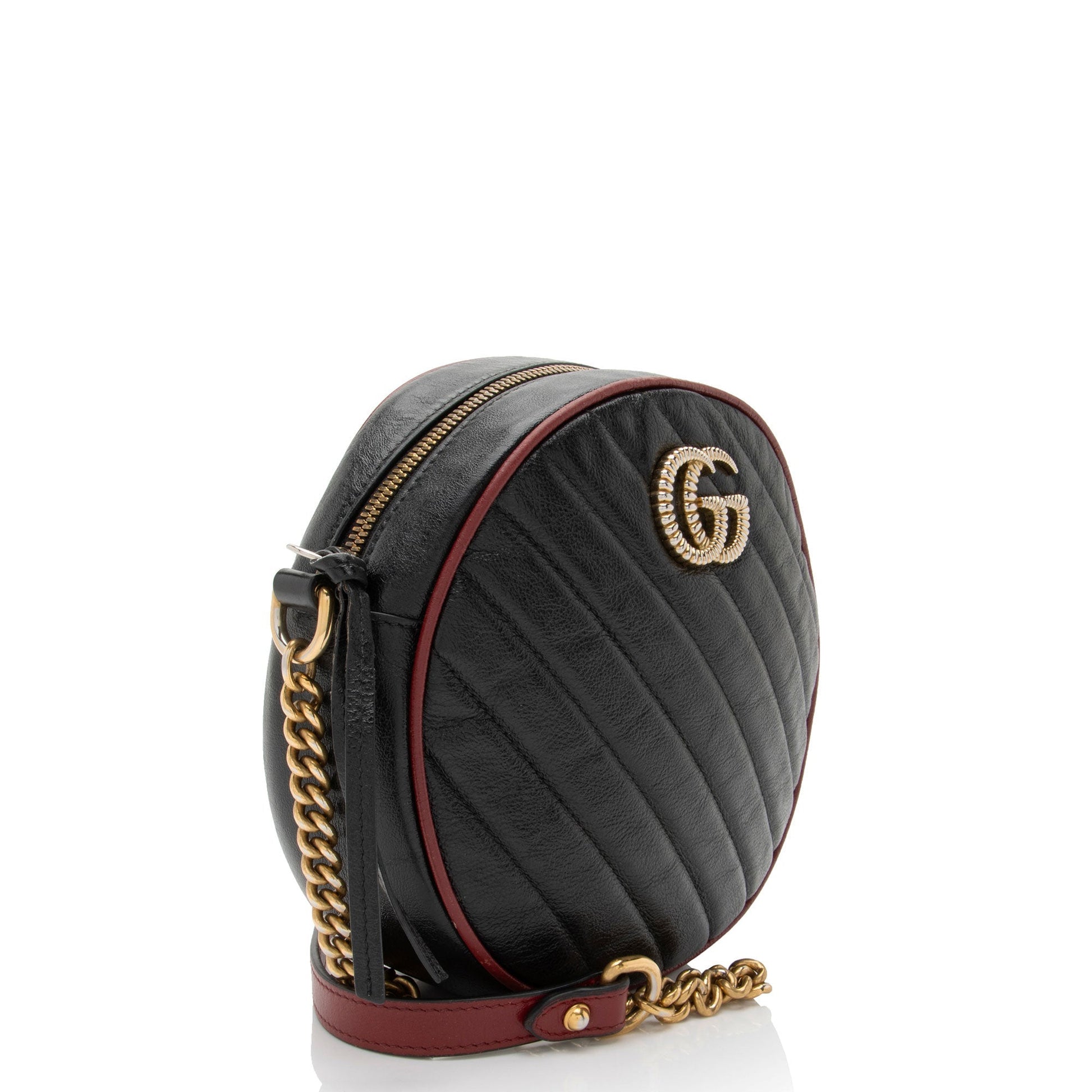 Gucci Torchon GG Marmont Round Matelasse Leather Black Red Crossbody Bag