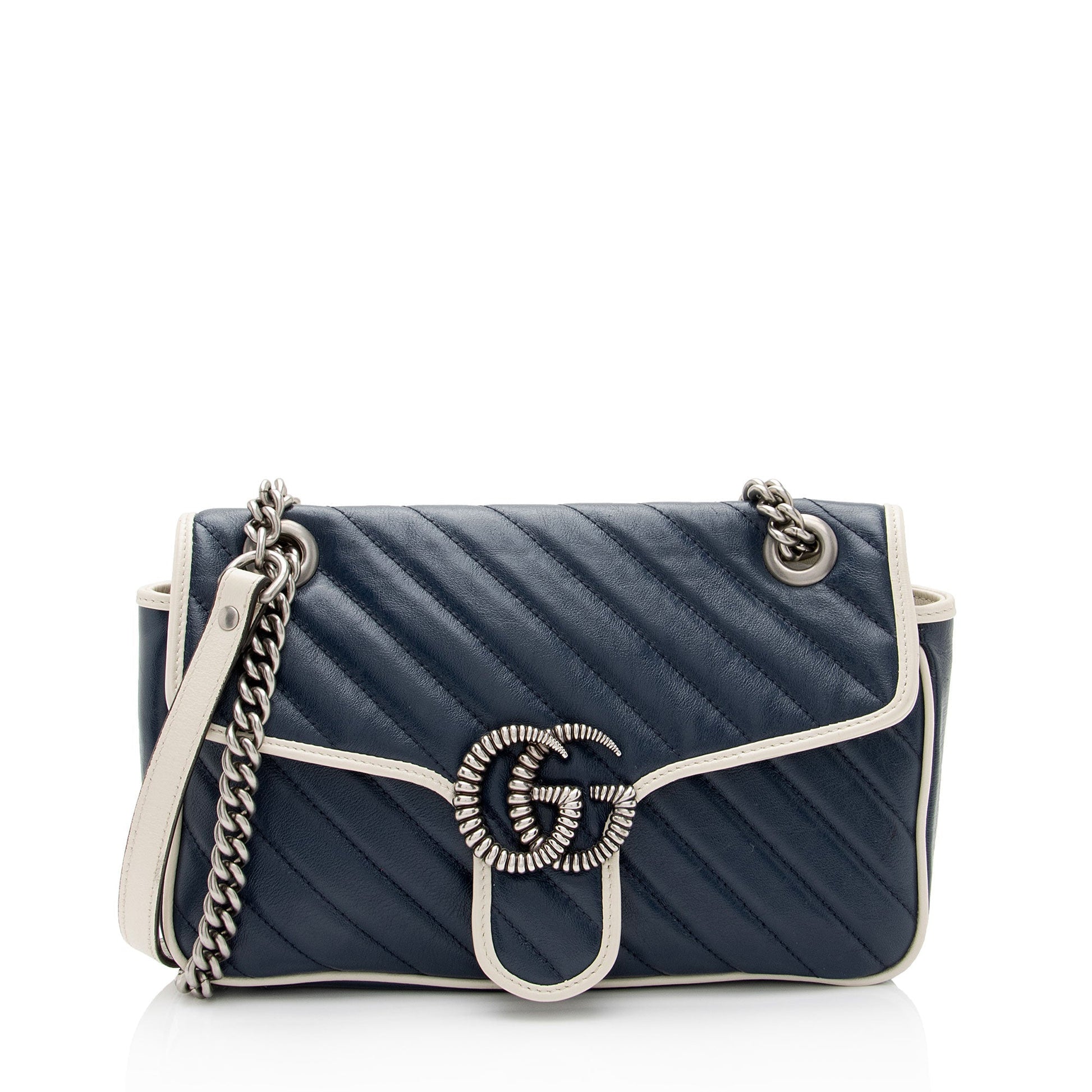 Gucci Torchon GG Marmont Flap SHF-V987rt Matelasse Leather White Blue Crossbody Bag