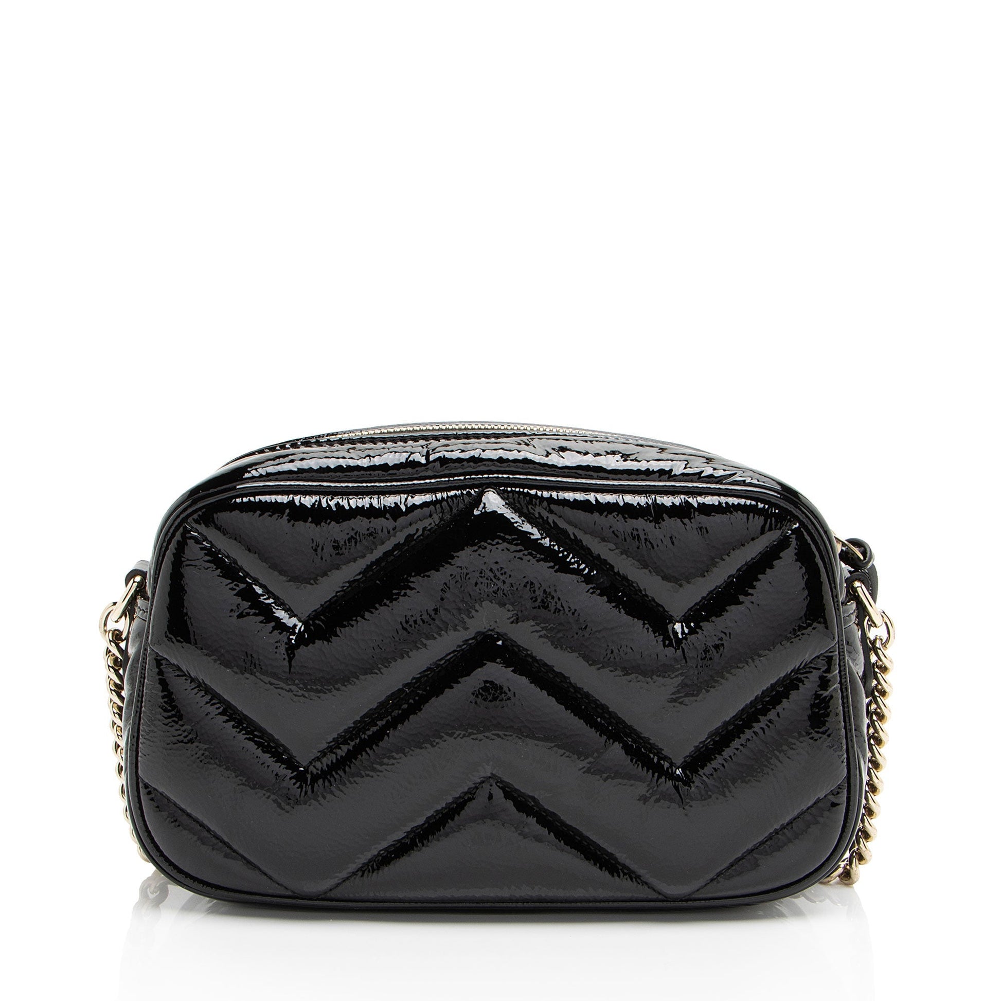 Gucci Padded GG Marmont Camera Matelasse Leather Patent Black Crossbody Bag