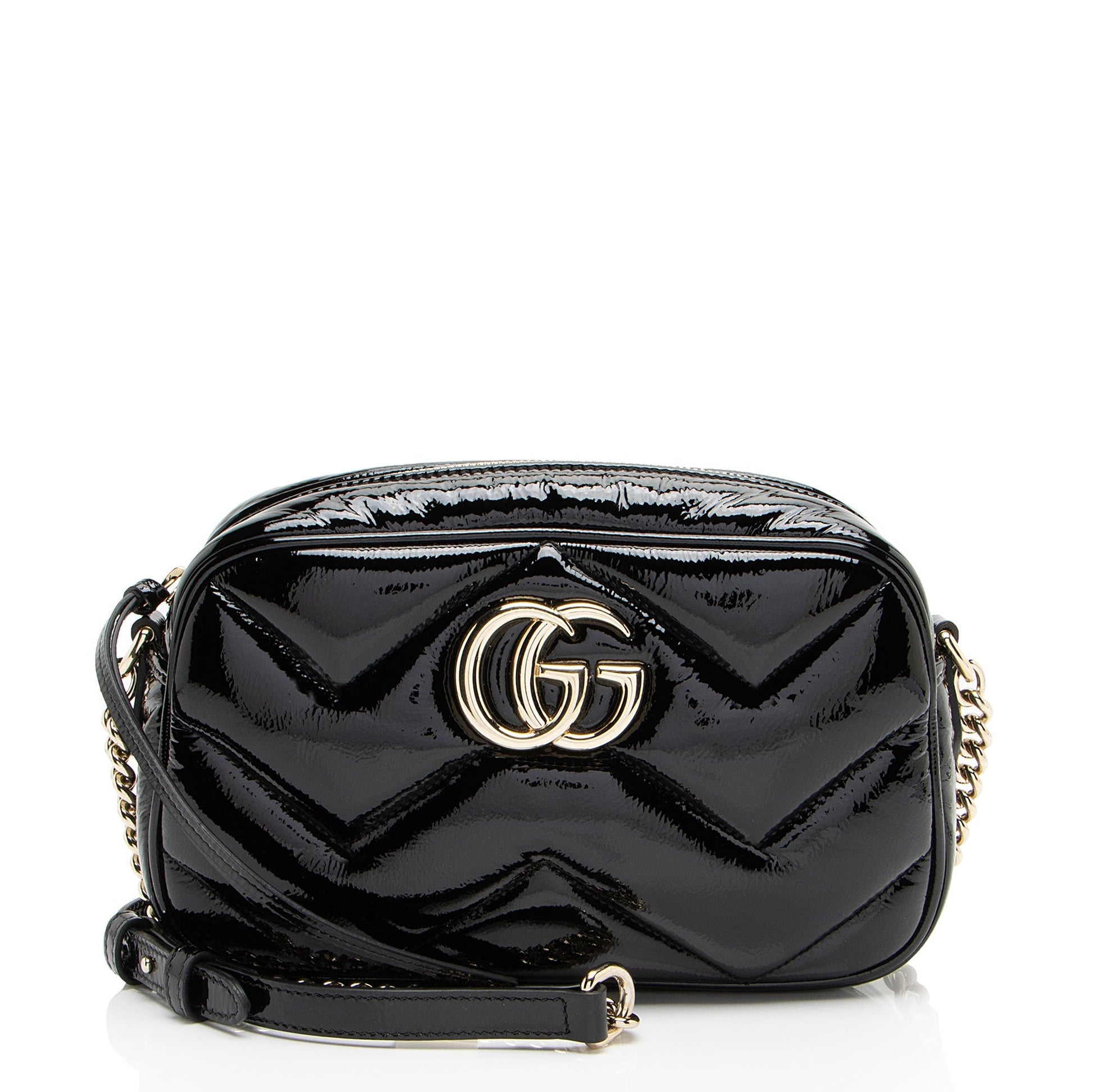 Gucci Padded GG Marmont Camera Matelasse Leather Patent Black Crossbody Bag