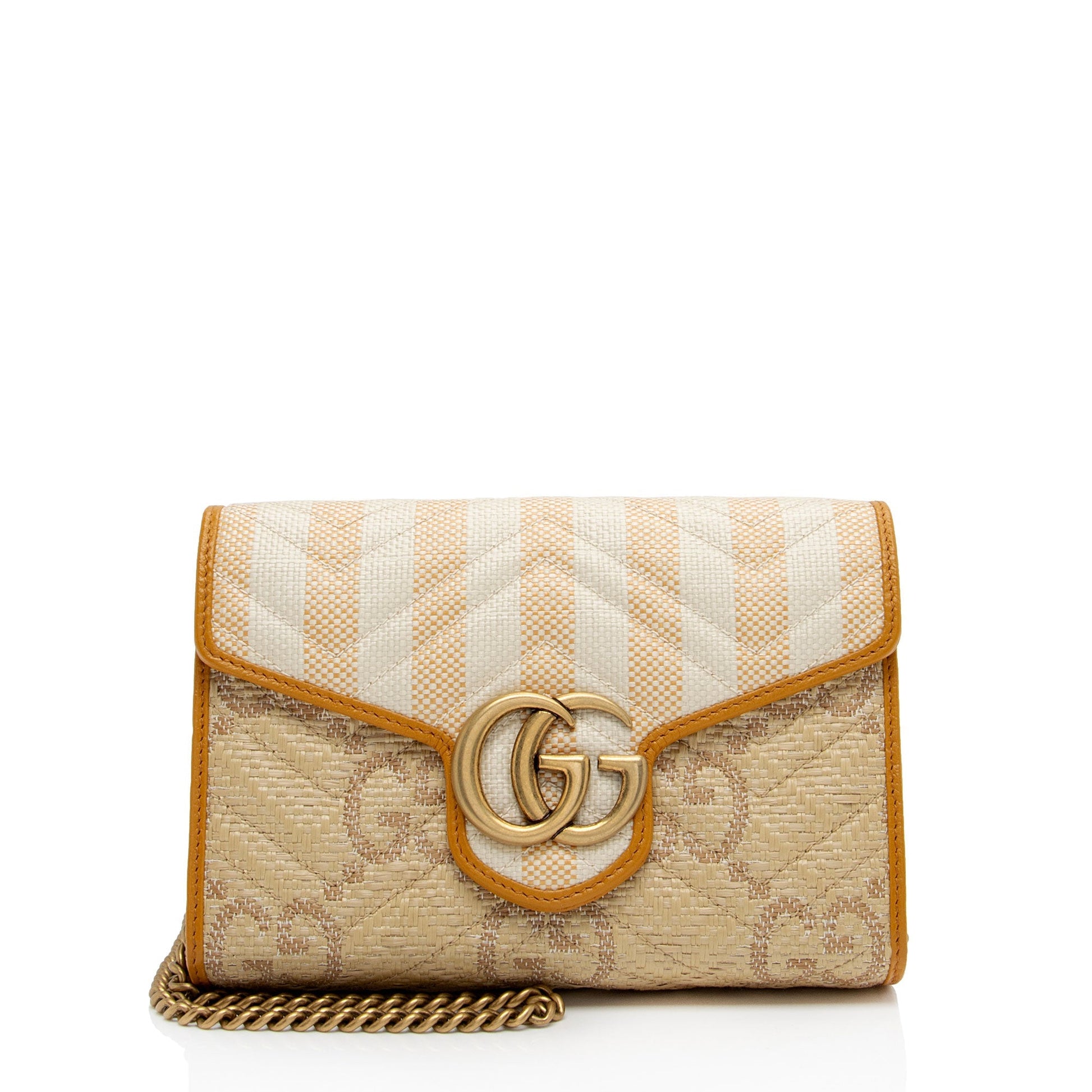 Gucci GG Marmont Wallet on Chain Matelasse Leather Raffia Beige Crossbody Bag