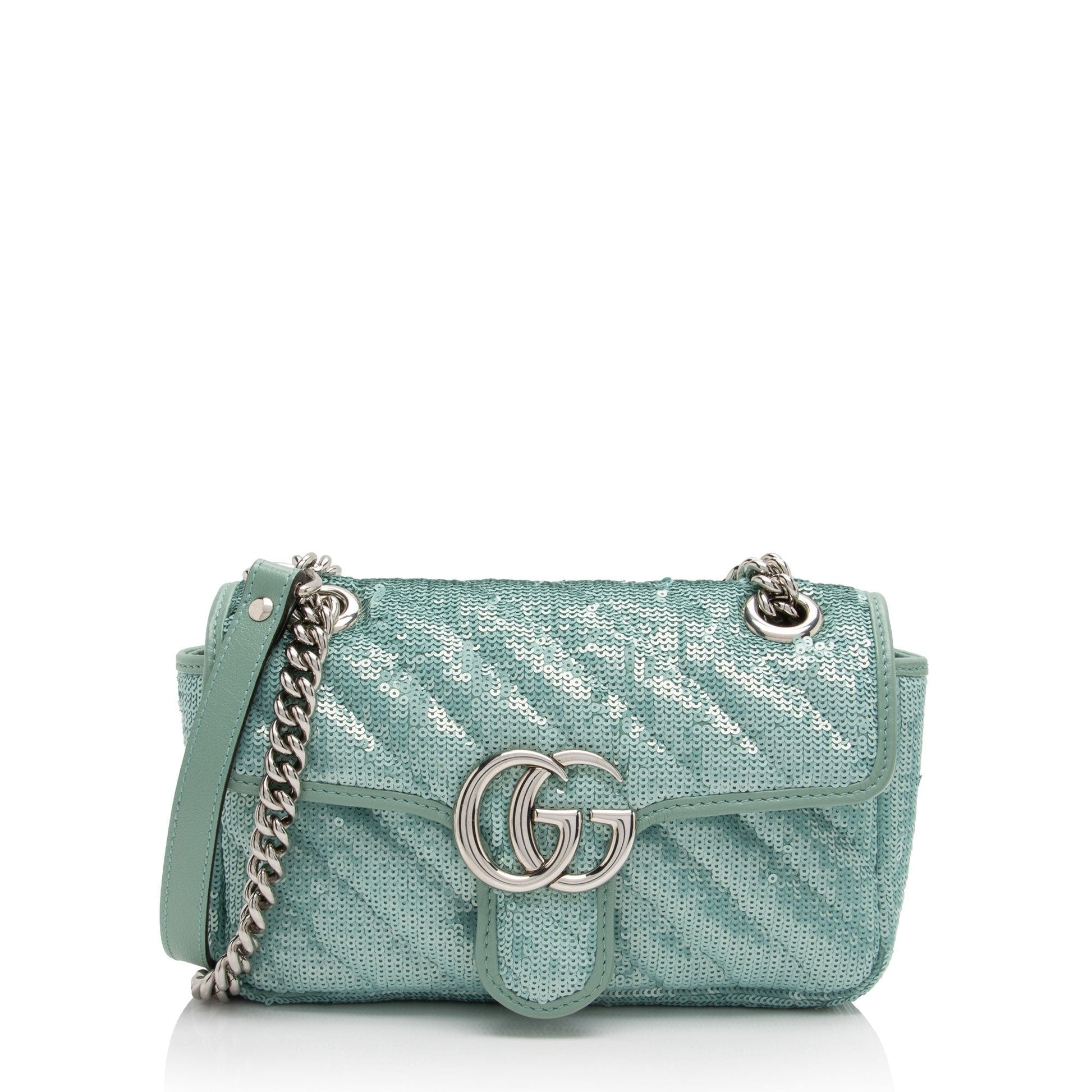 Gucci Sequin GG Marmont Flap SHF-09pAUc Matelasse Leather Green Mini Crossbody Bag