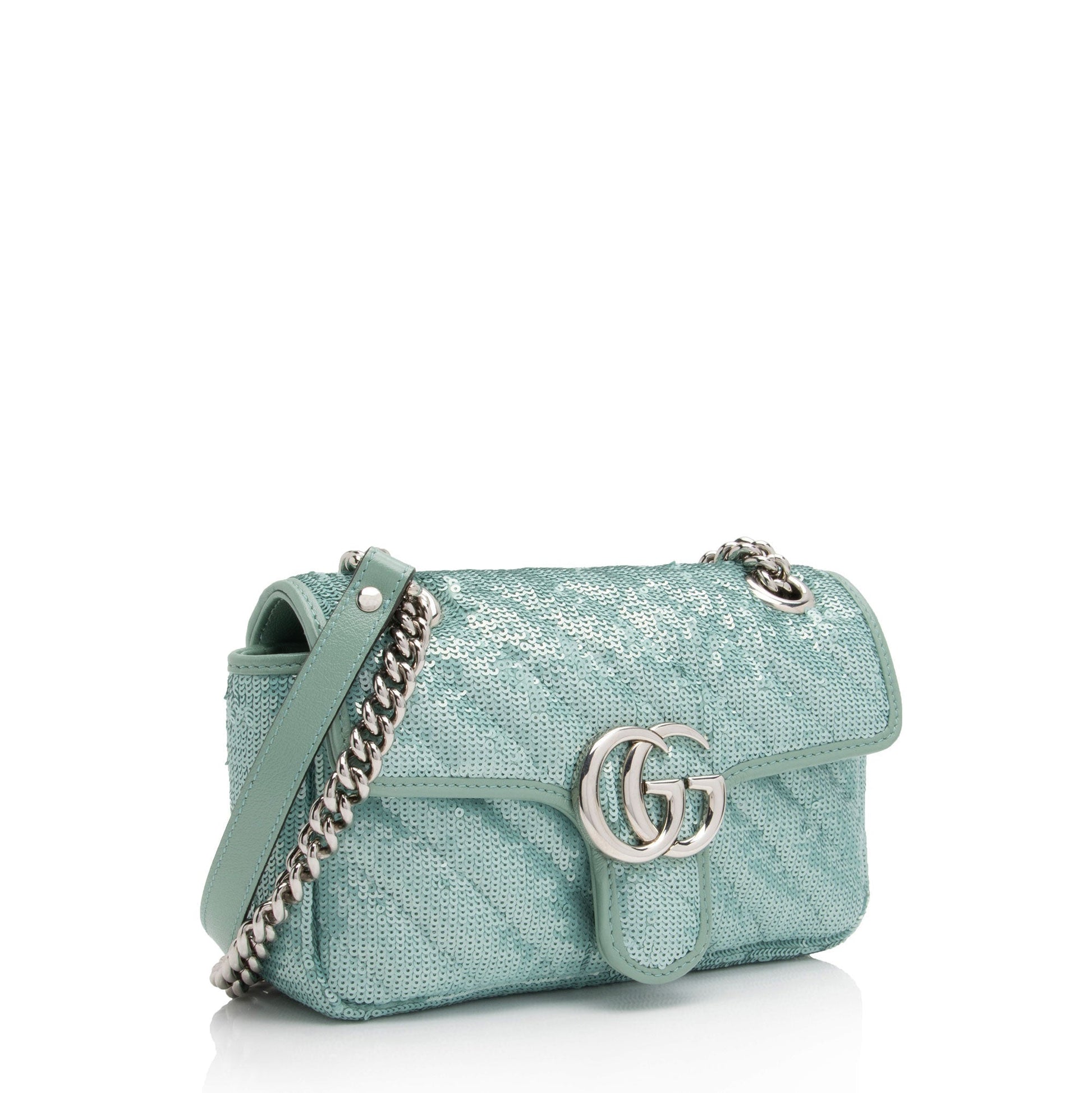 Gucci Sequin GG Marmont Flap SHF-09pAUc Matelasse Leather Green Mini Crossbody Bag