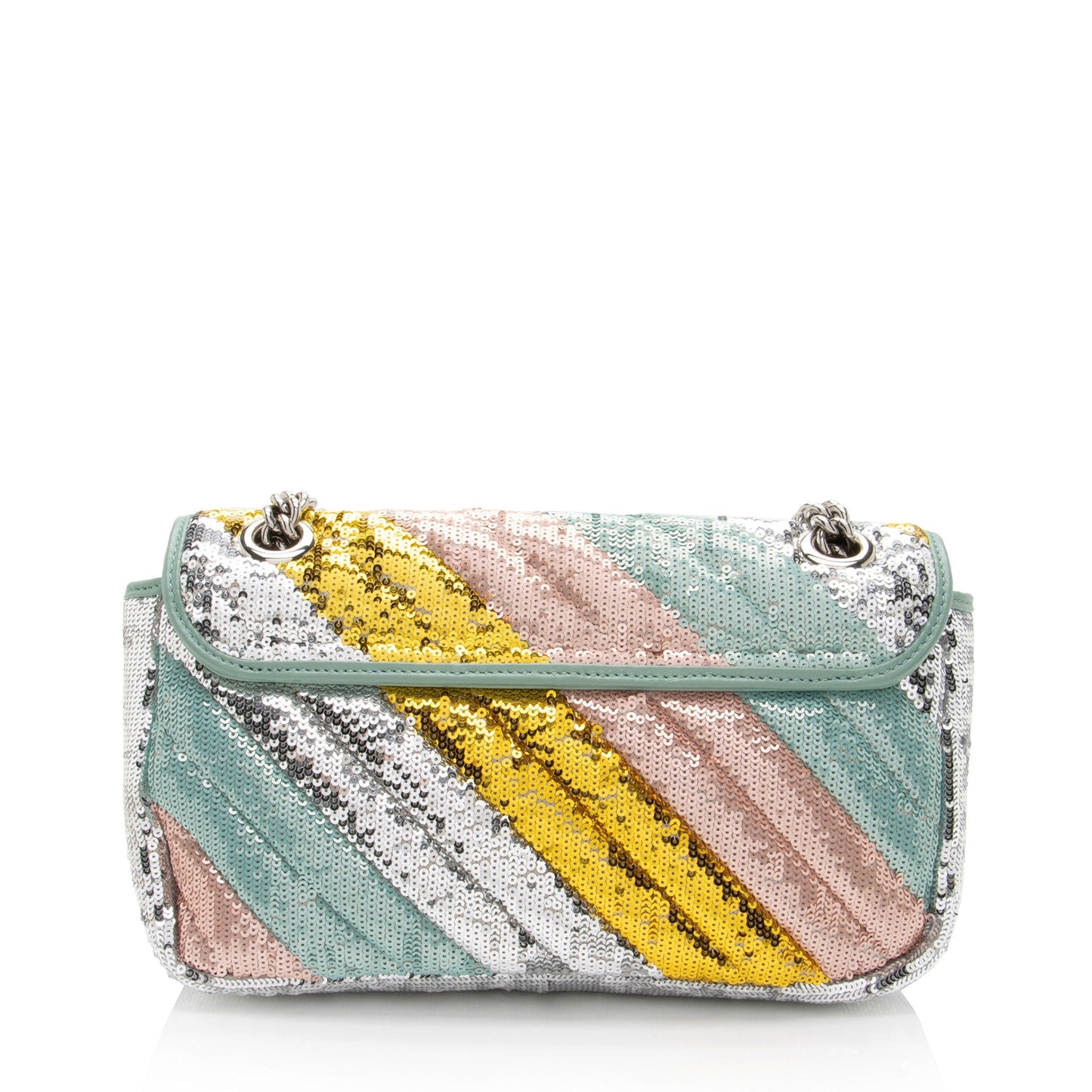 Gucci Sequin GG Marmont Flap Matelasse Leather Pink Green Crossbody Bag