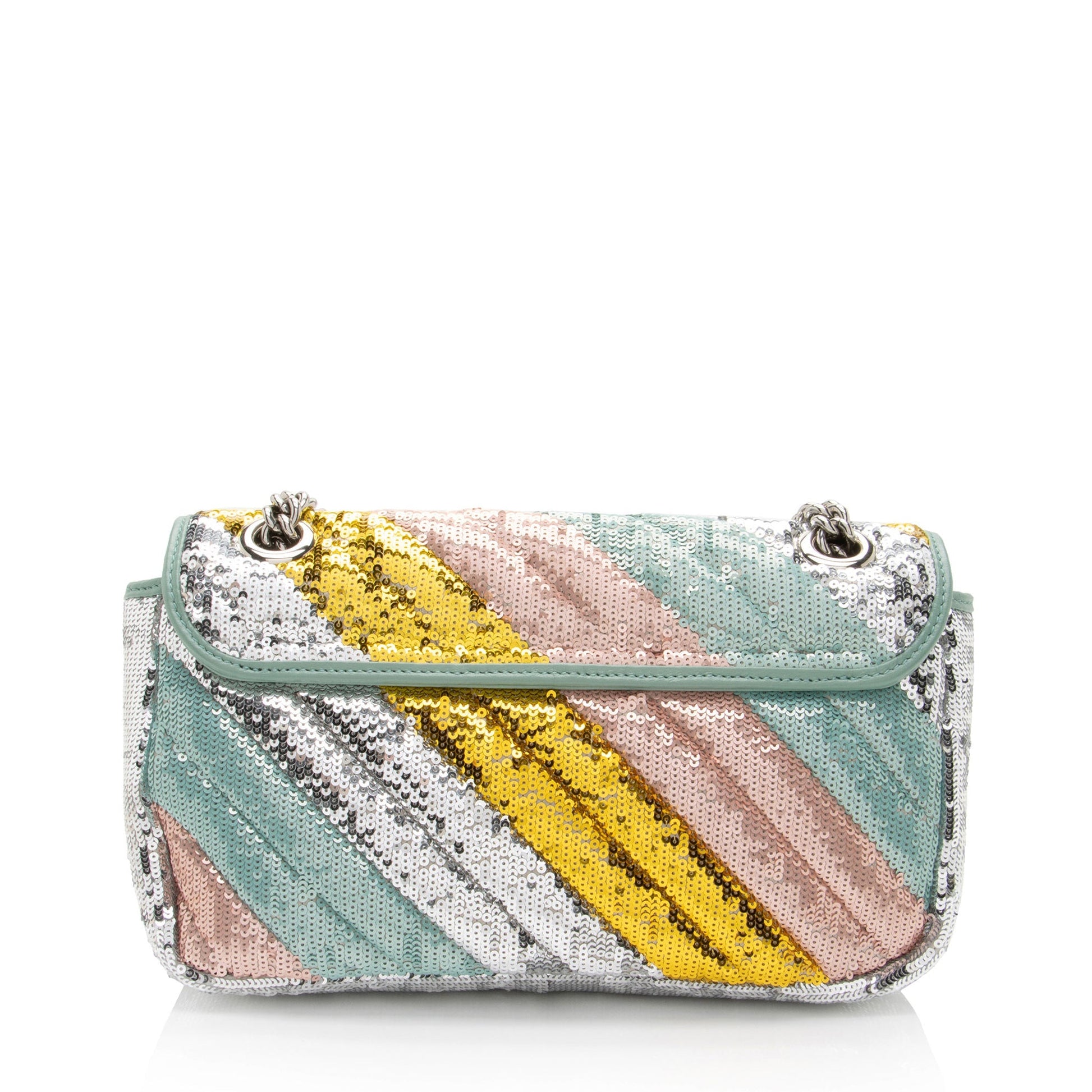 Gucci Sequin GG Marmont Flap Matelasse Leather Pink Green Crossbody Bag